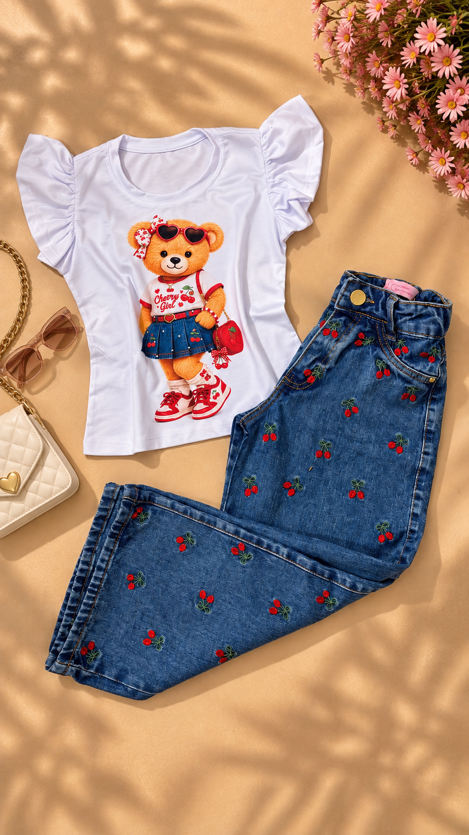 Calça Jeans bordada Wide Leg Cerejinhas