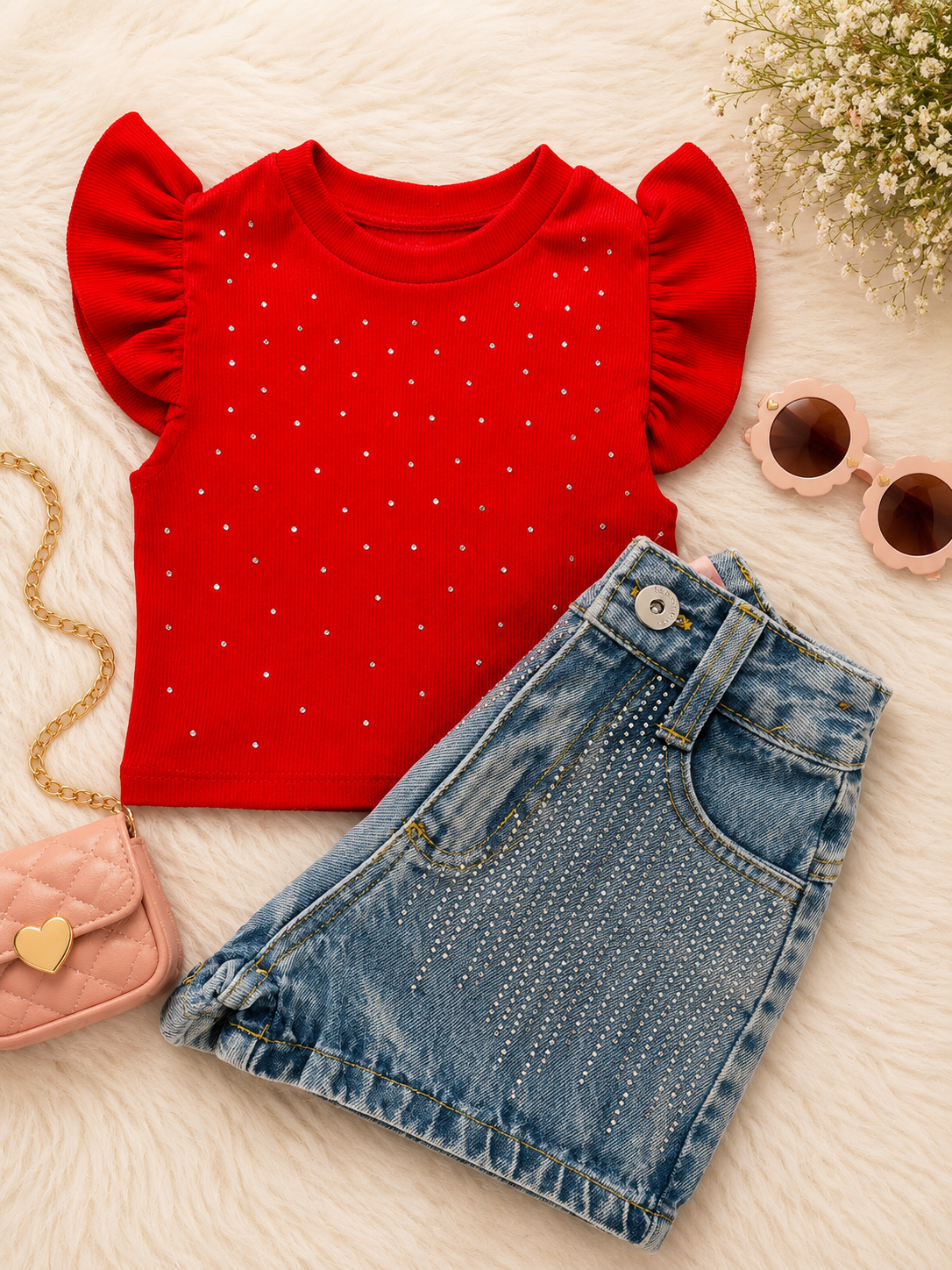Conjunto - Short jeans com regulagem na cintura + blusa strass