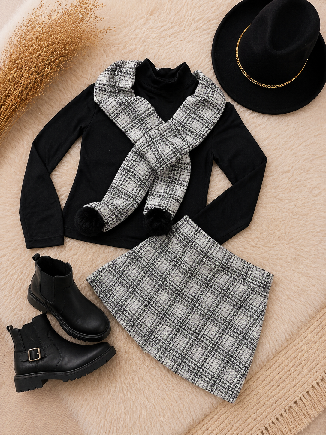 Conjunto Charlote preto com cachecol