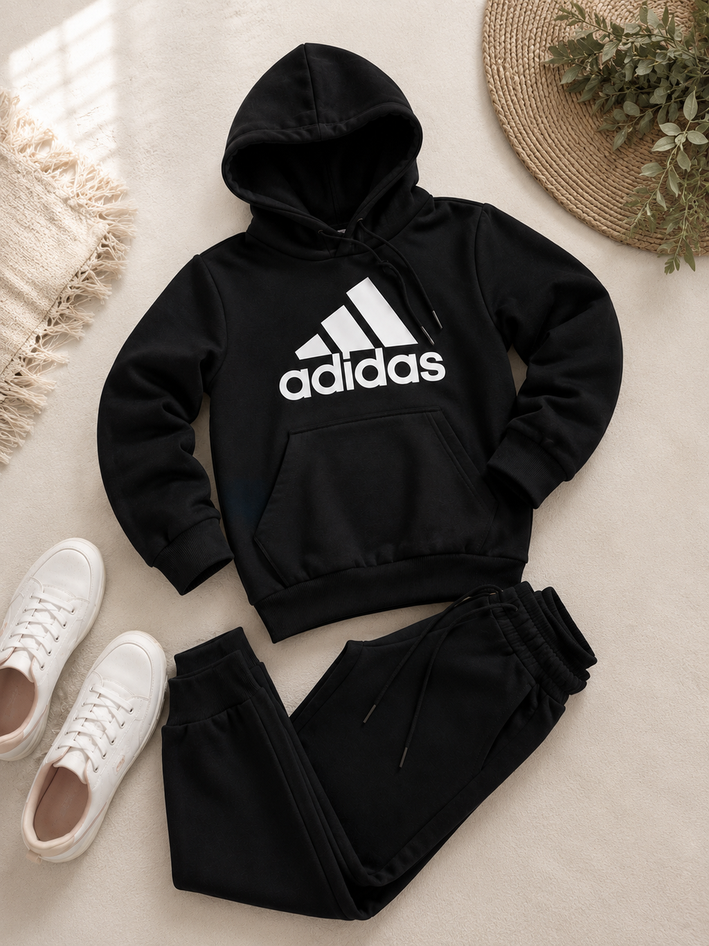 Conjunto Moletom adidas - com elástico regulável na cintura Flanelado- (preto)