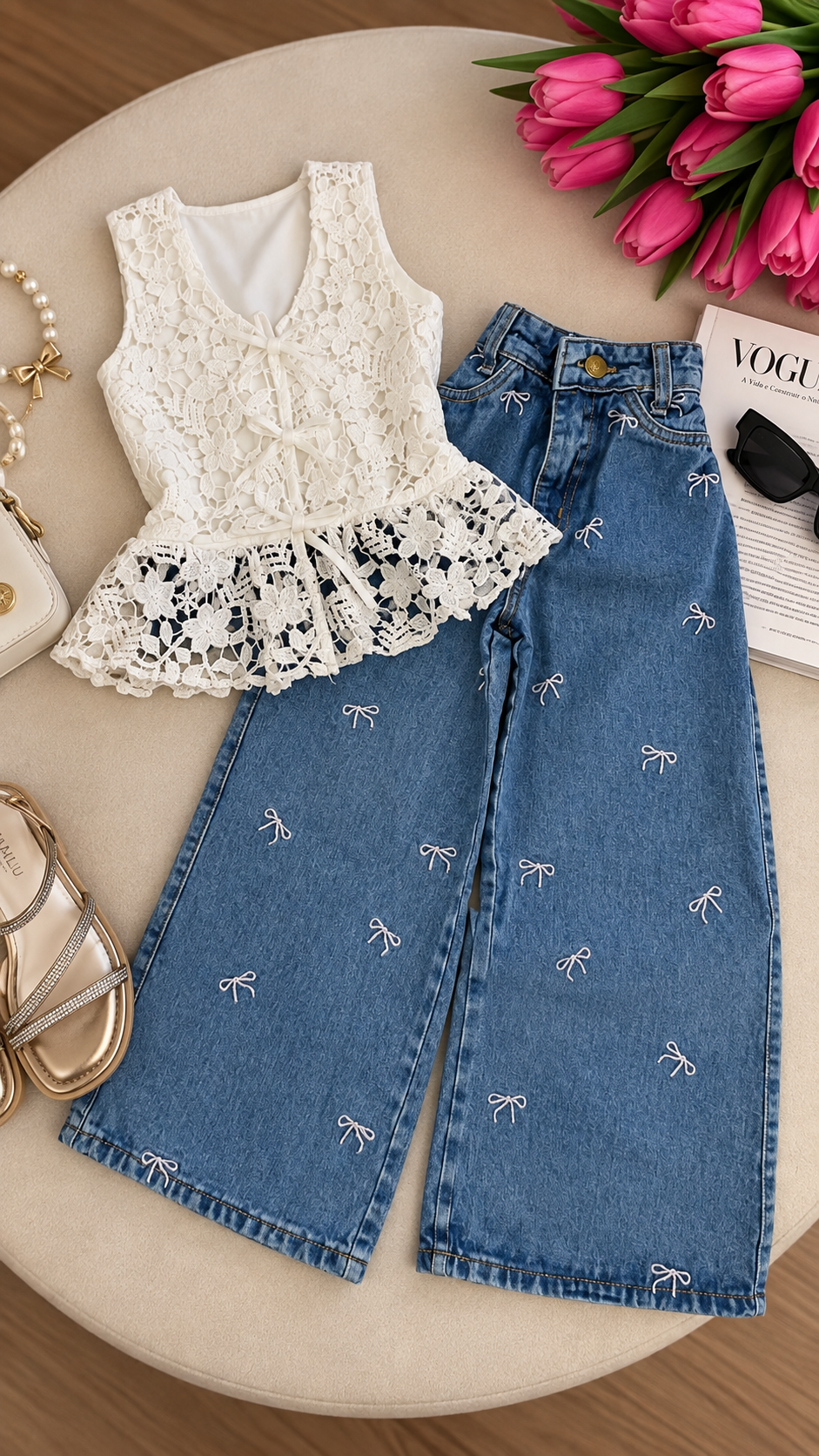 Calça Jeans Wide Leg Lacinhos Rosa Bebê (Cópia)