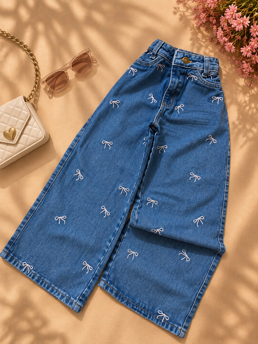 Calça Jeans Wide Leg Lacinhos Rosa Bebê