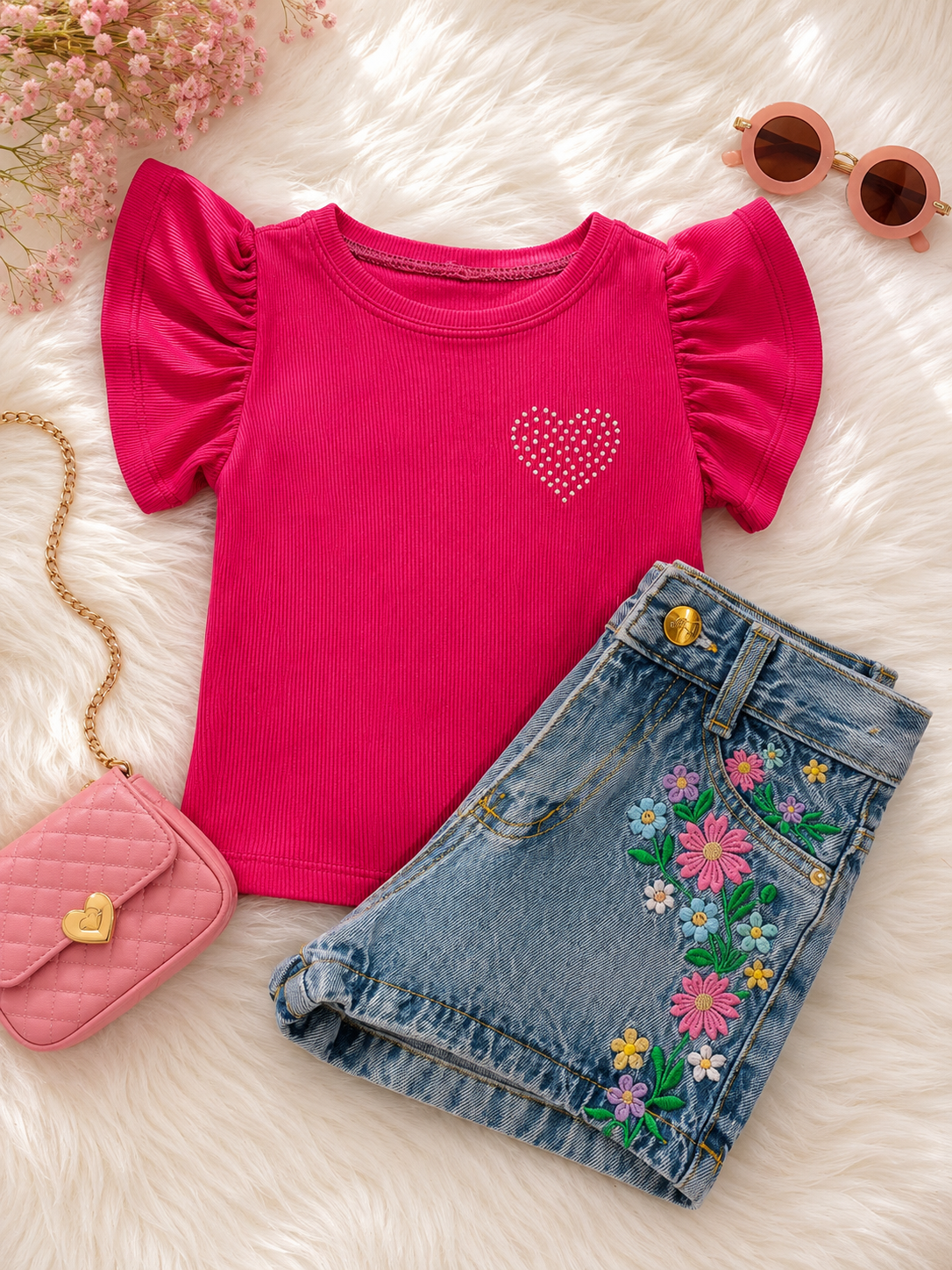 Conjunto - Short saia jeans com regulagem na cintura + Croped bordado (Cópia)