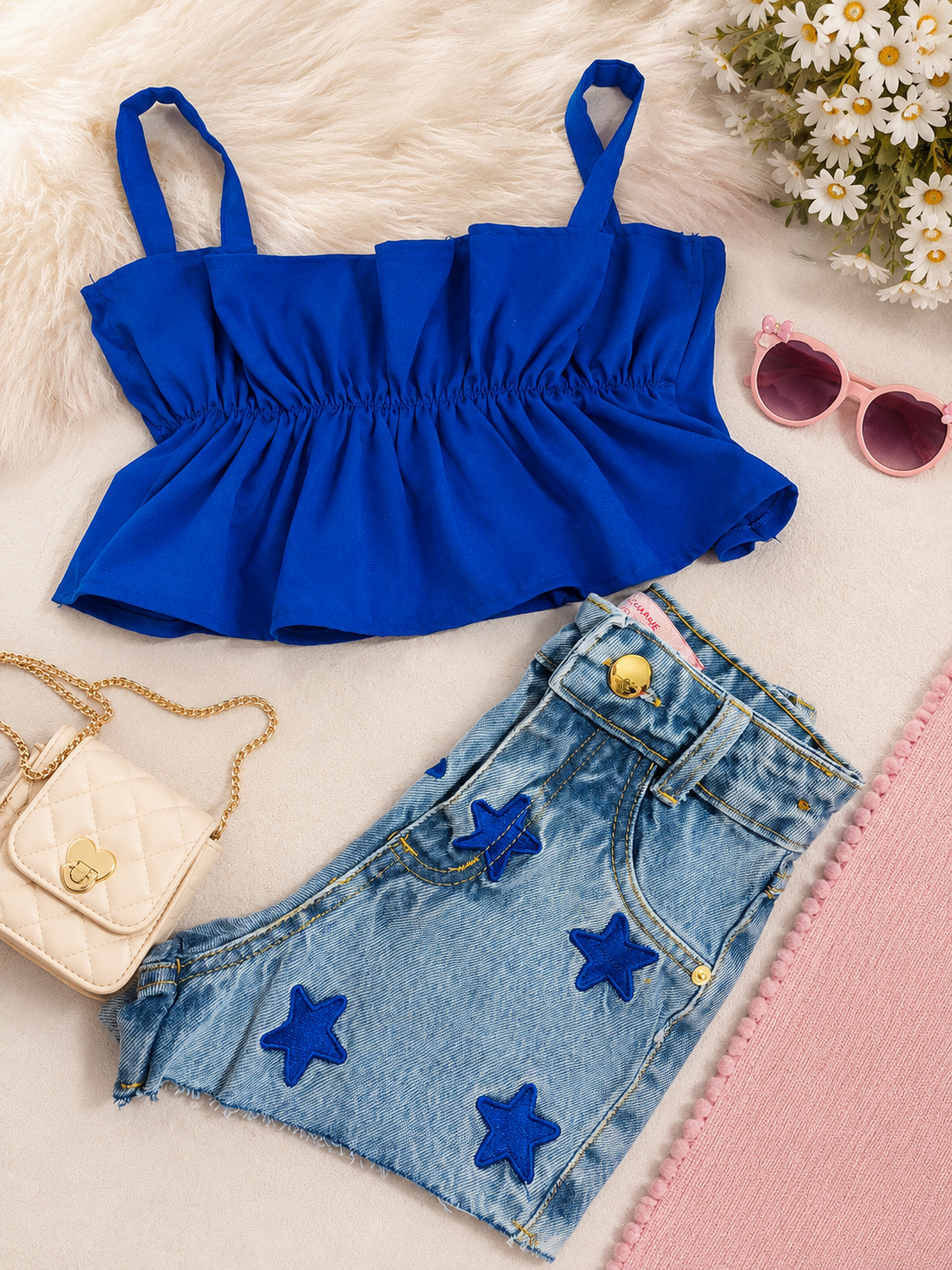 Conjunto - short jeans bordado e com regulagem e Croped azul