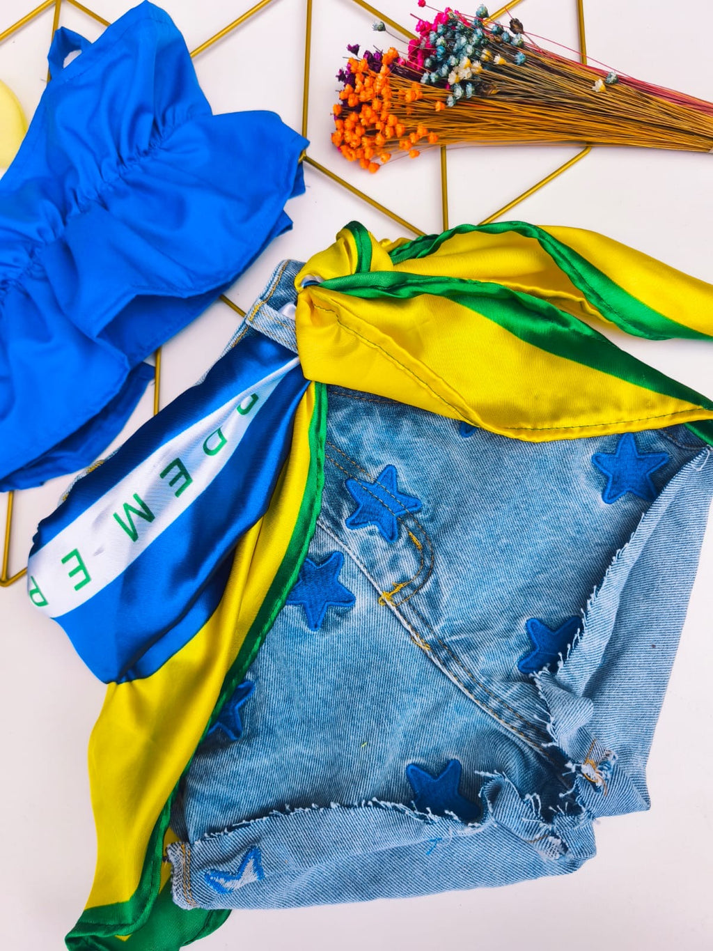 Conjunto jeans com bandana Brasil