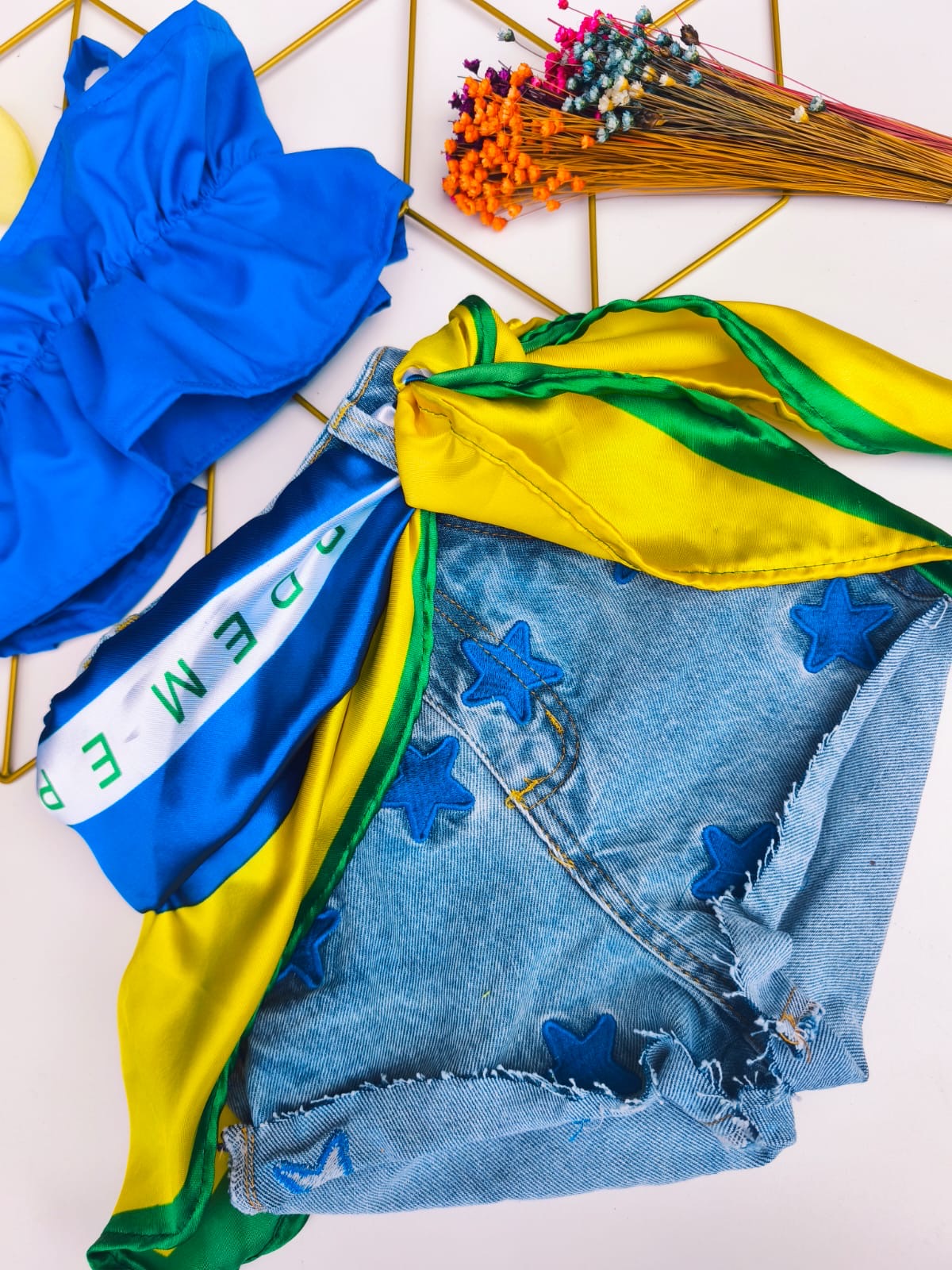 Conjunto jeans com bandana Brasil