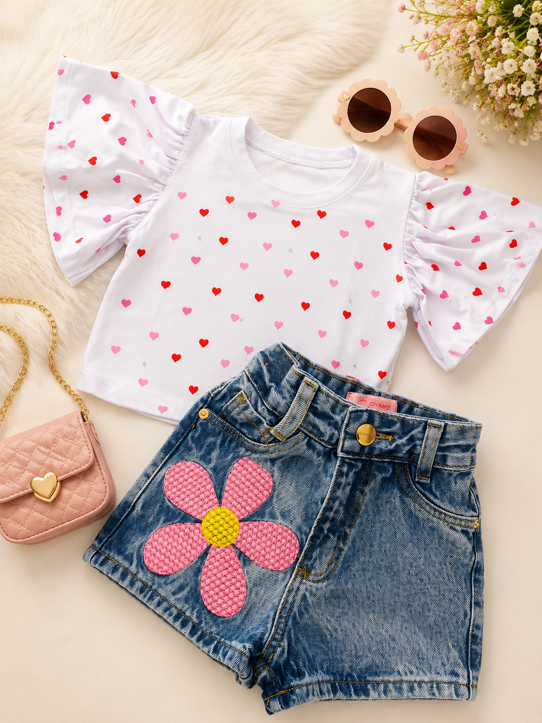 Conjunto - blusa gode e short jeans bordado e com regulagem