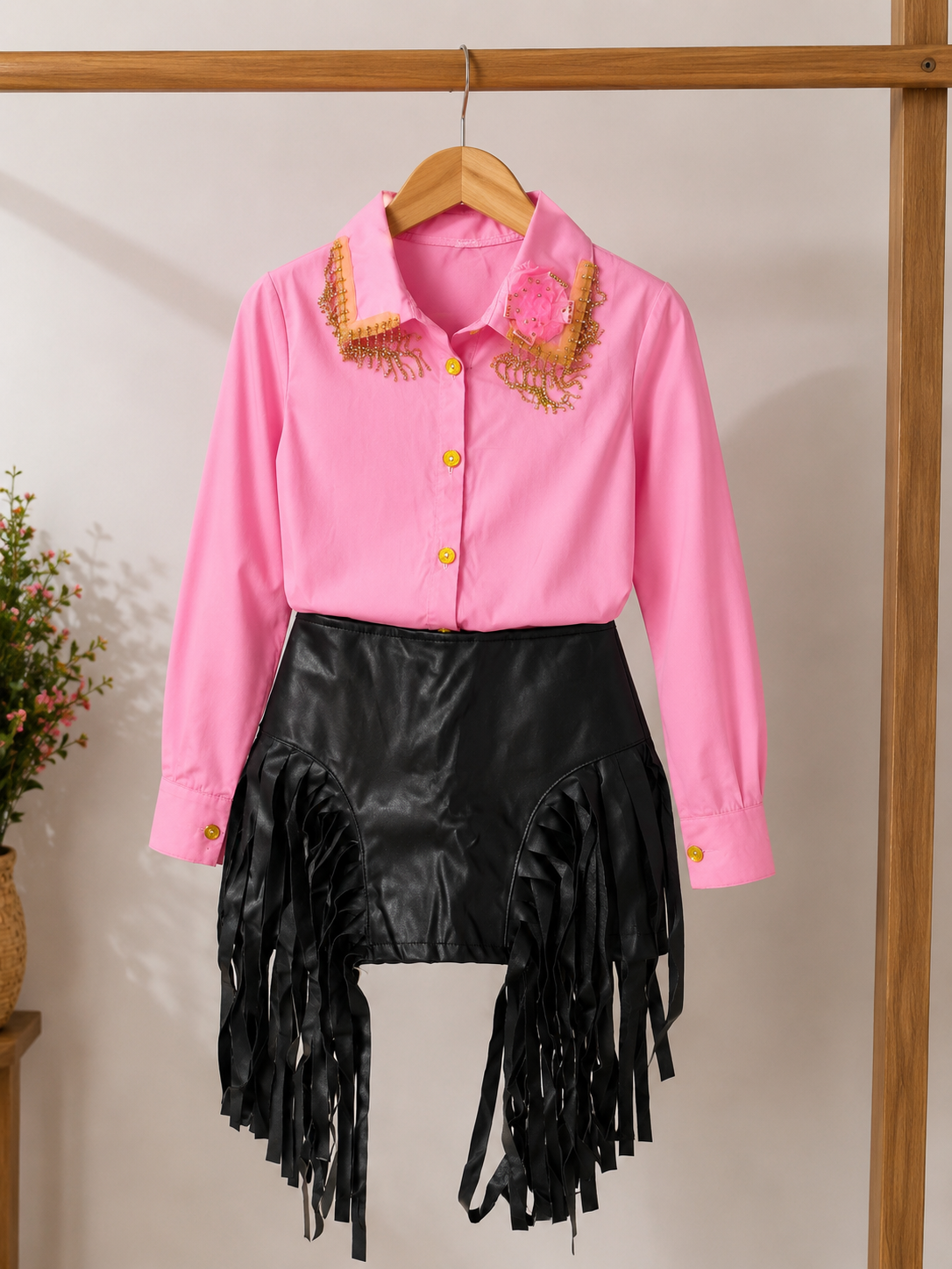 Conjunto boiadeira -Short saia com Franjas + Camisa Rosa