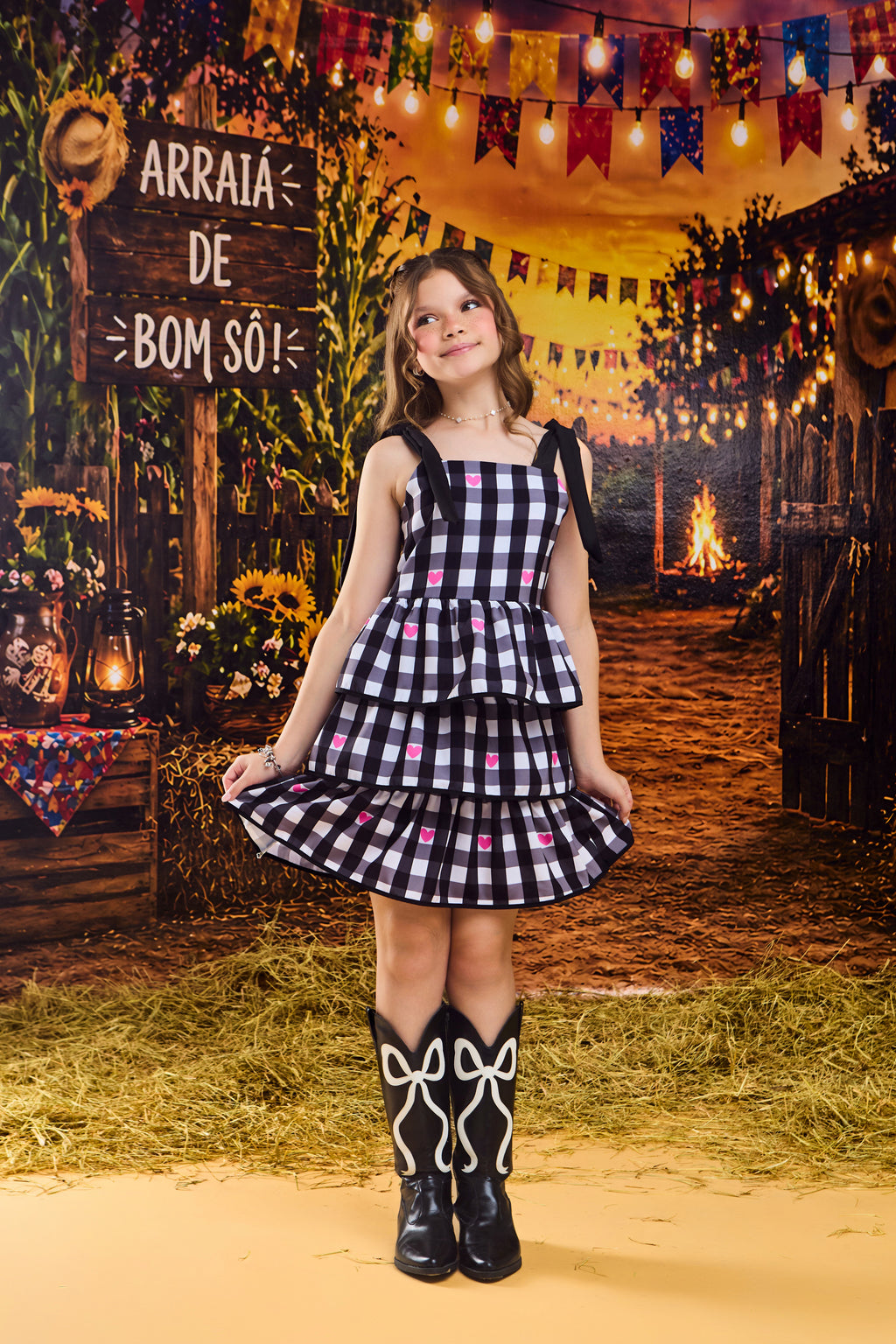 VESTIDO TRES BABADOS XADREZ PRETO