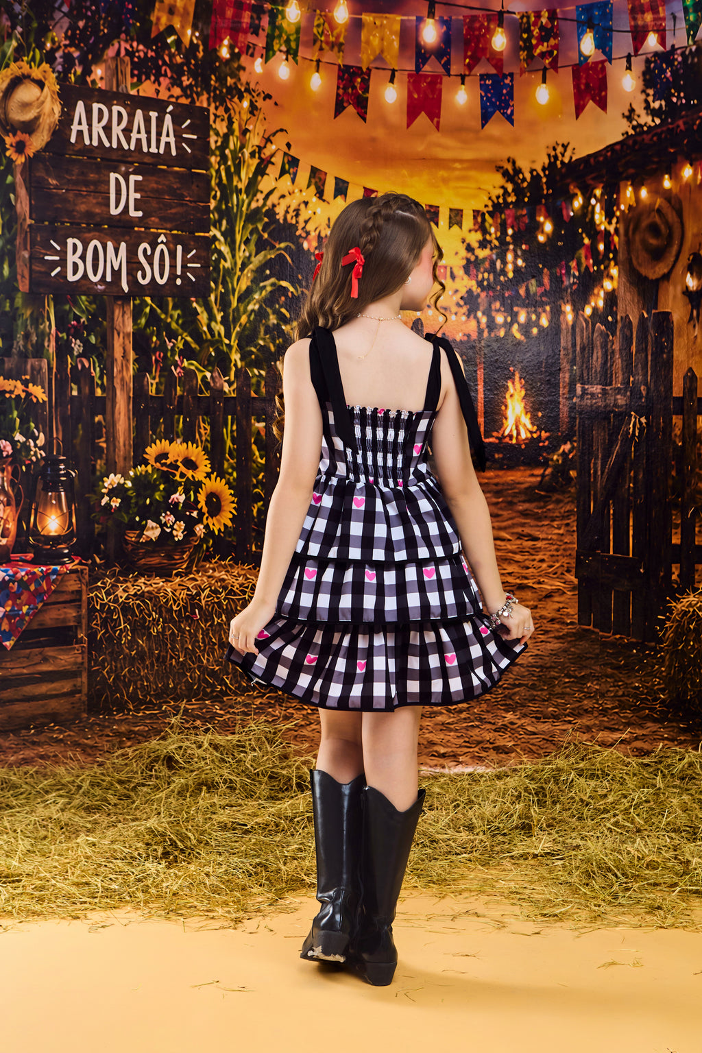 VESTIDO TRES BABADOS XADREZ PRETO