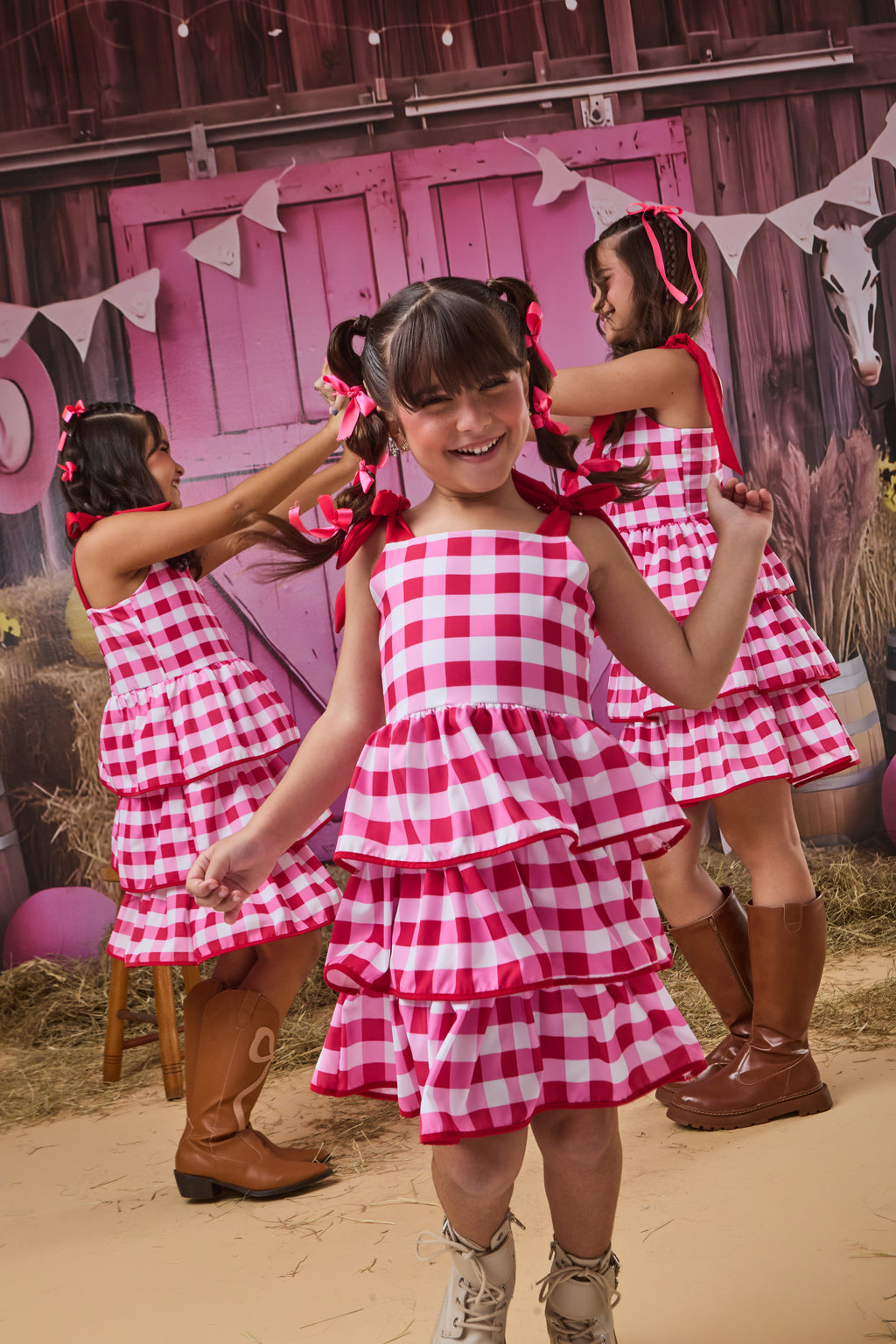 VESTIDO TRES BABADOS XADREZ VERMELHO