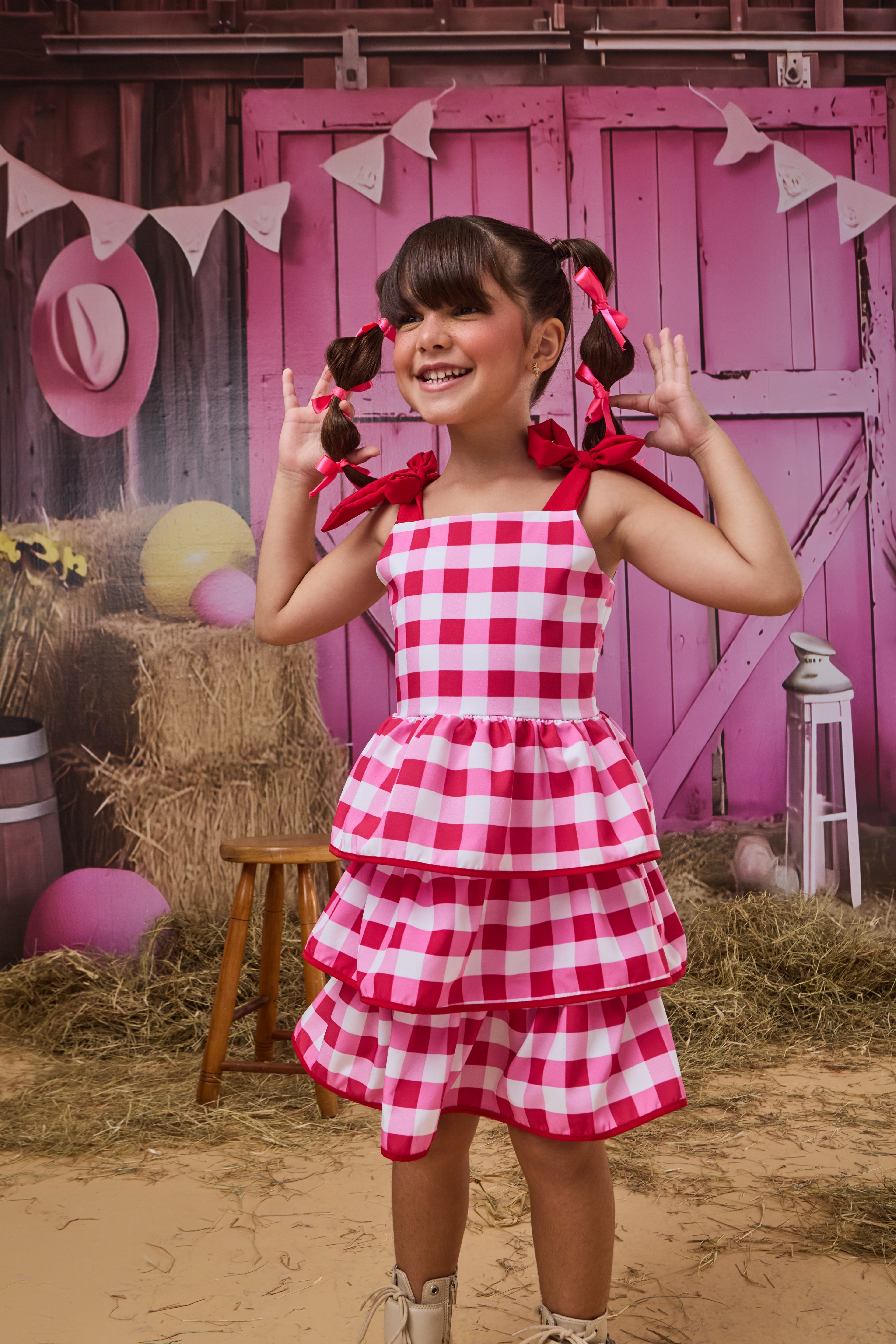 VESTIDO TRES BABADOS XADREZ VERMELHO