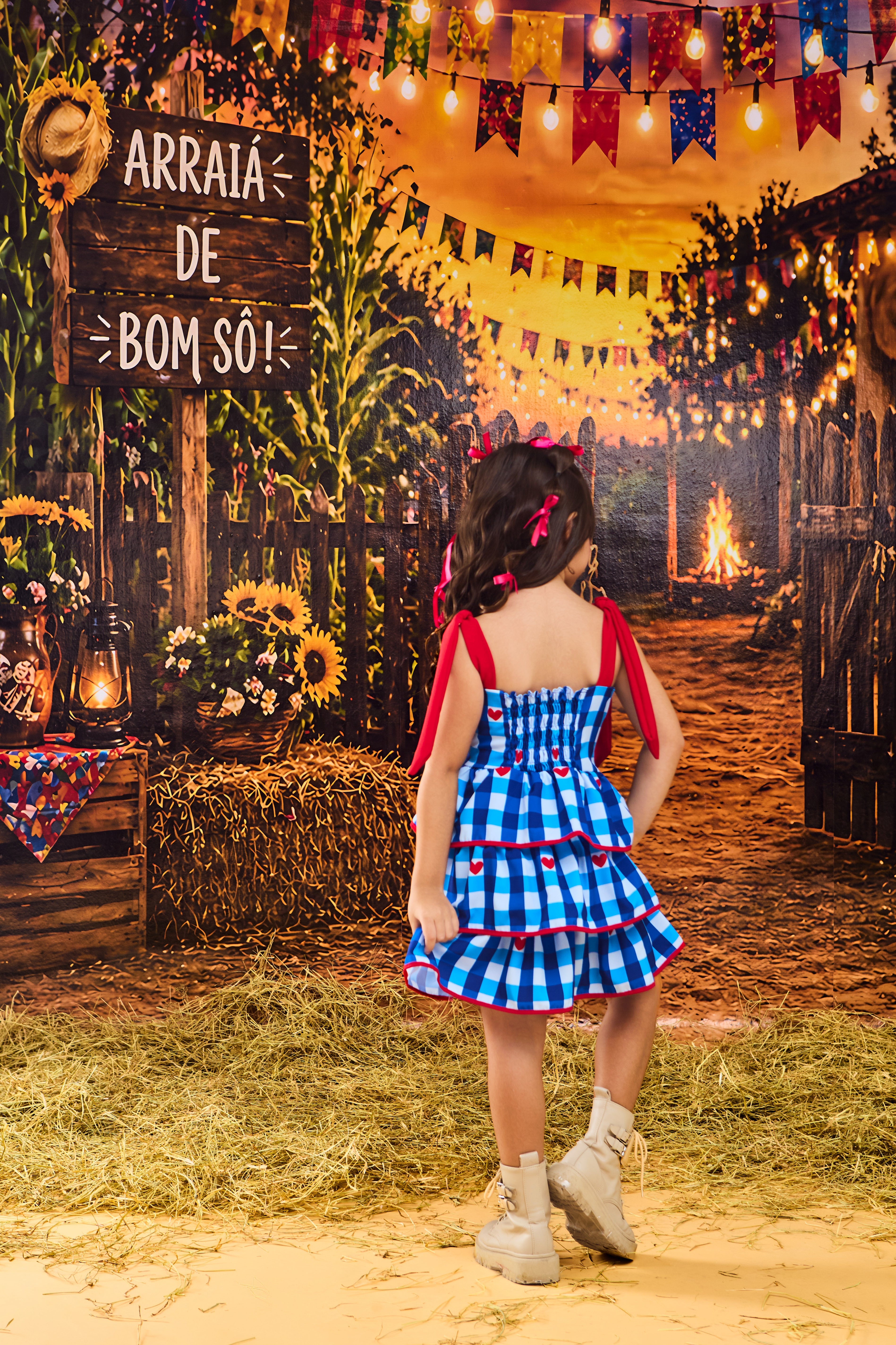 VESTIDO TRES BABADOS XADREZ AZUL