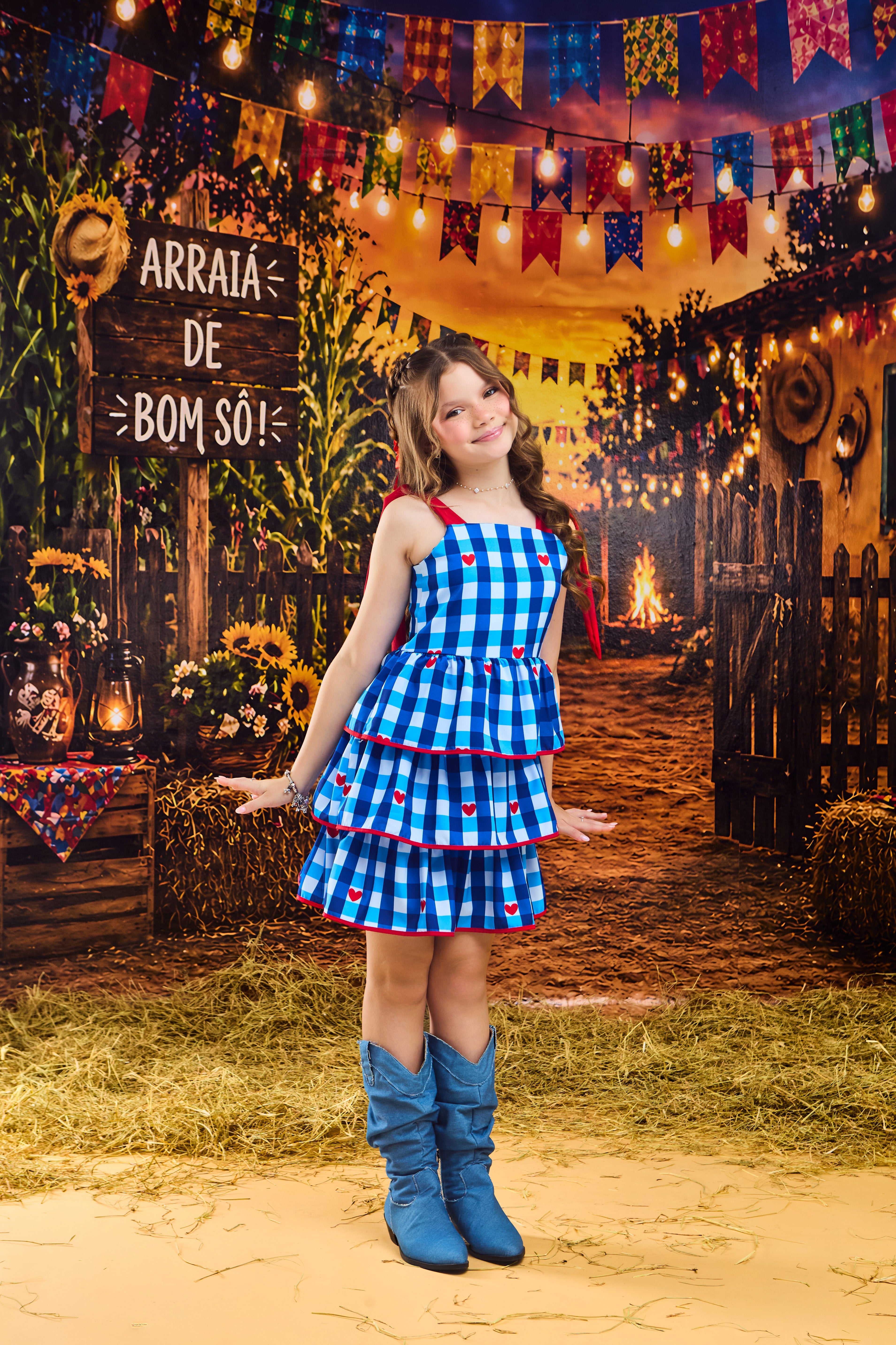 VESTIDO TRES BABADOS XADREZ AZUL
