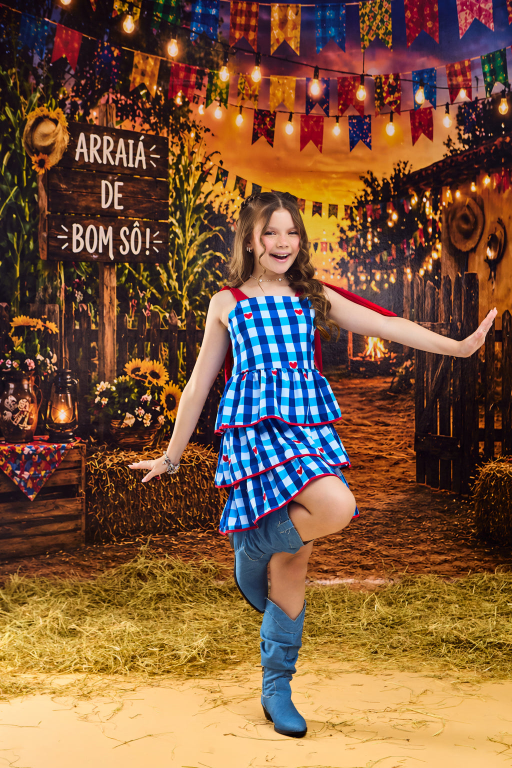 VESTIDO TRES BABADOS XADREZ AZUL