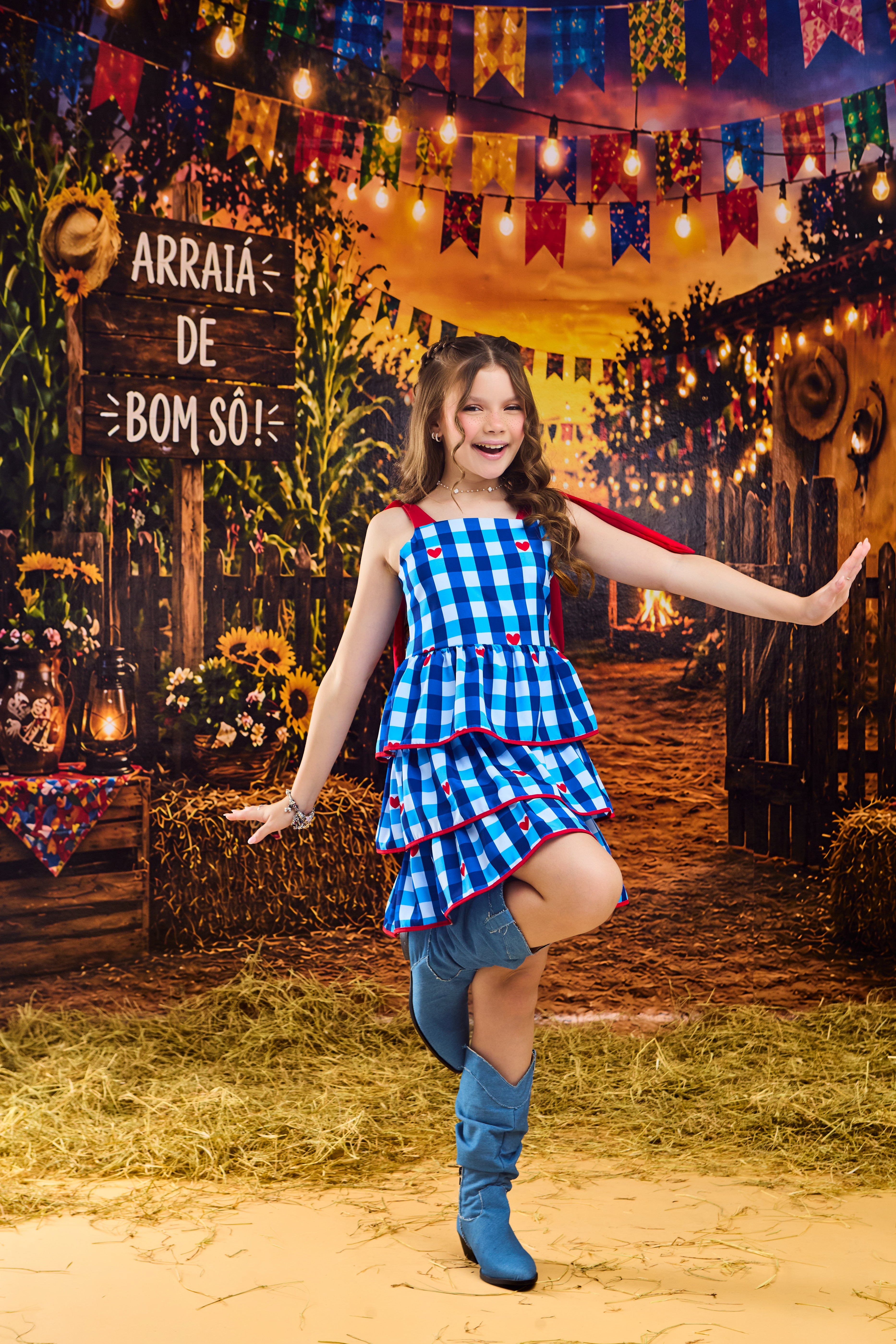 VESTIDO TRES BABADOS XADREZ AZUL