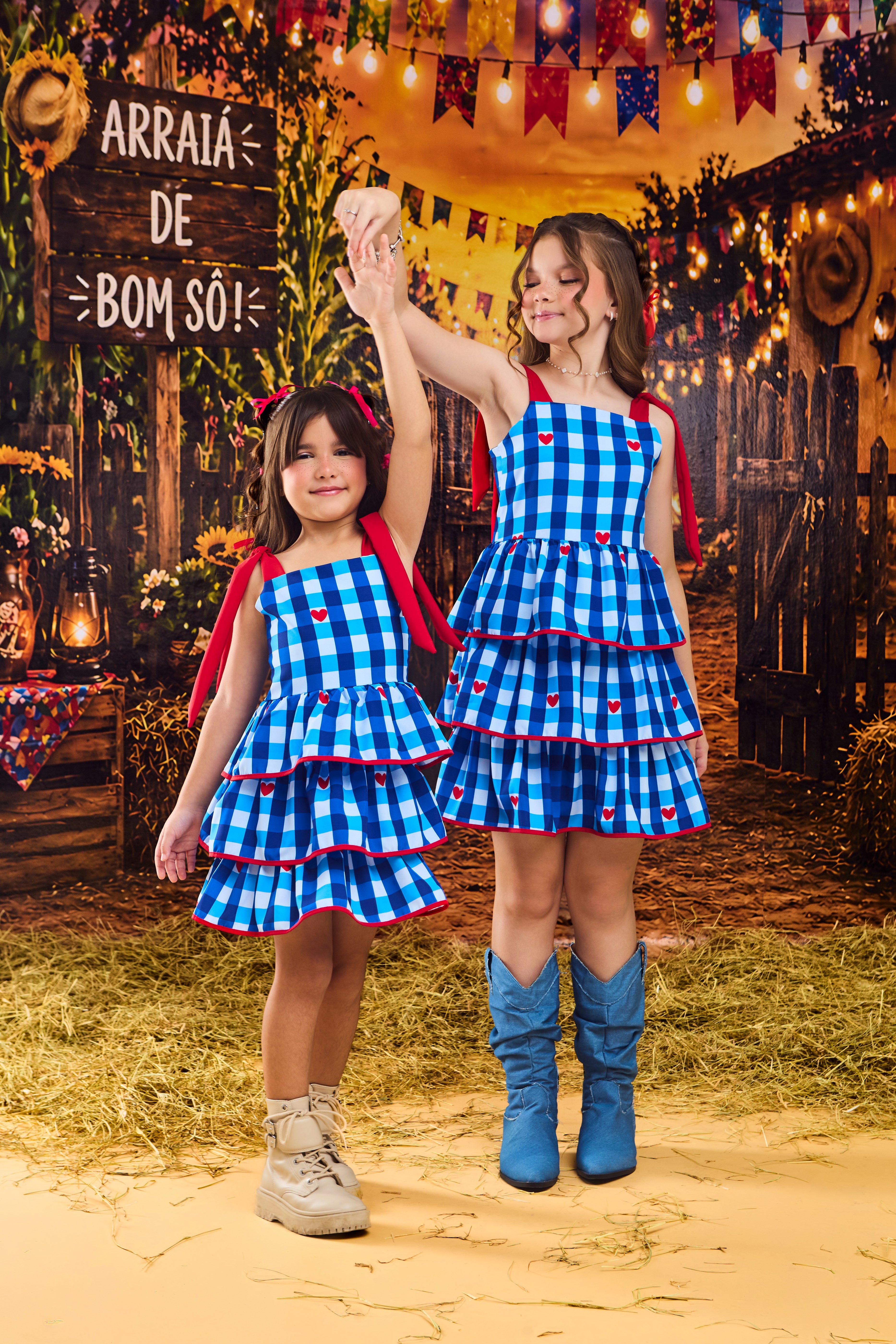 VESTIDO TRES BABADOS XADREZ AZUL
