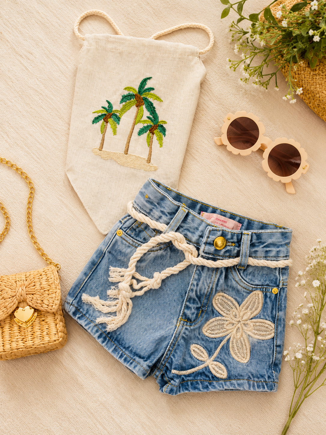 Conjunto - Short jeans bordado e com regulagem + Croped bordado e regulável nas costas