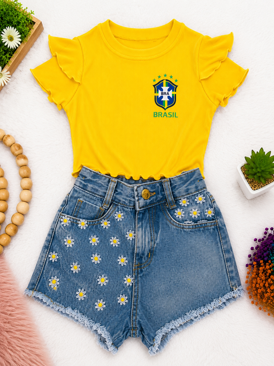 Conjunto jeans - short jeans + blusa Brasil