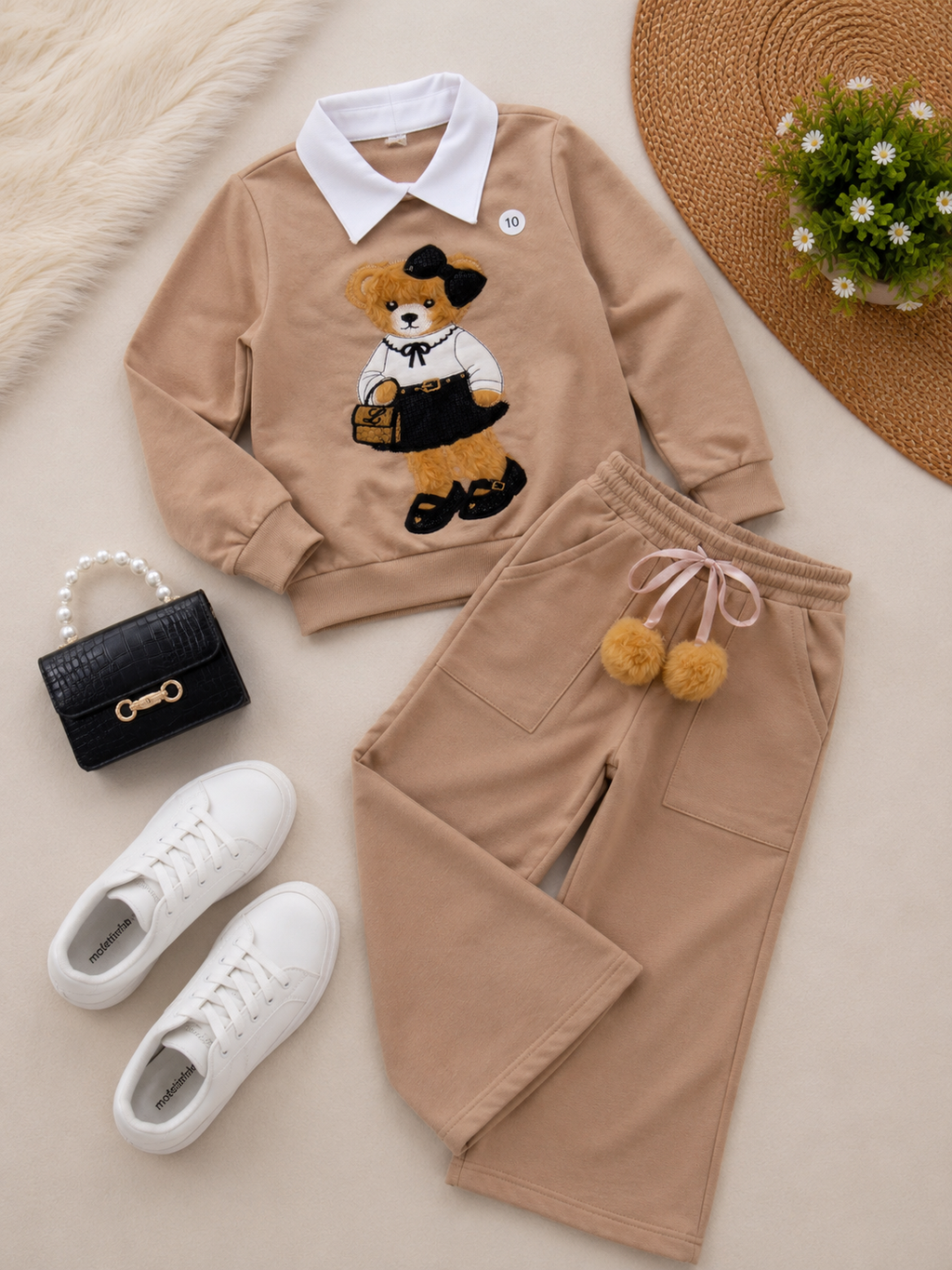 Conjunto moletom flanelado  ursa camel claro