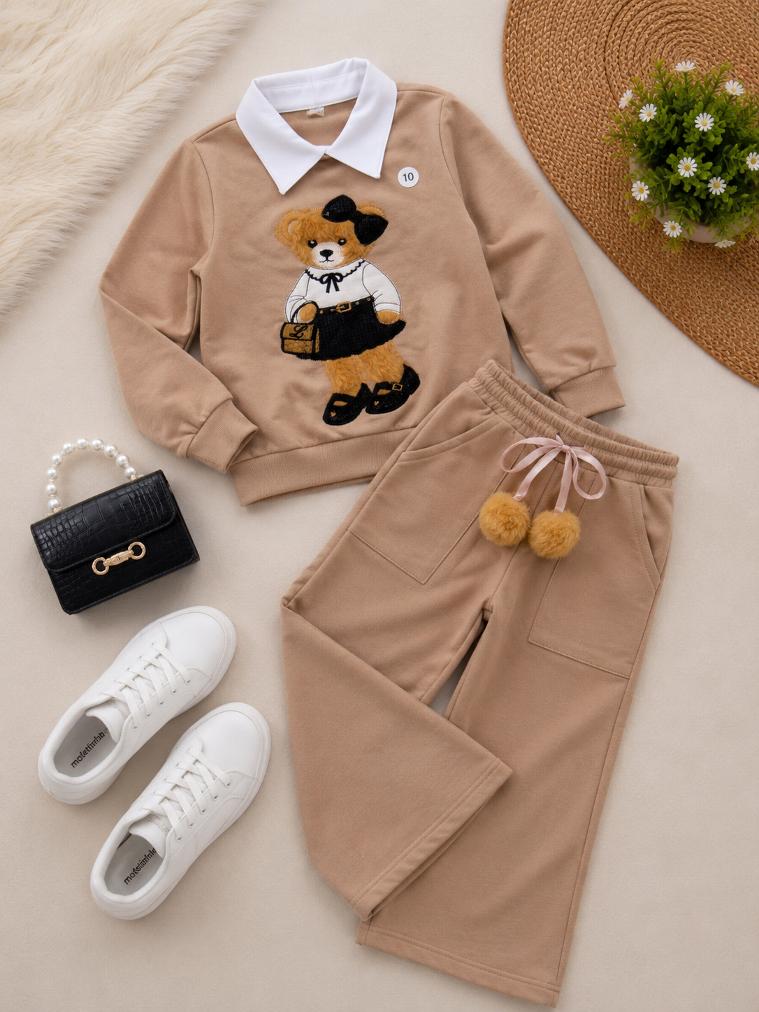 Conjunto moletom flanelado  ursa camel claro
