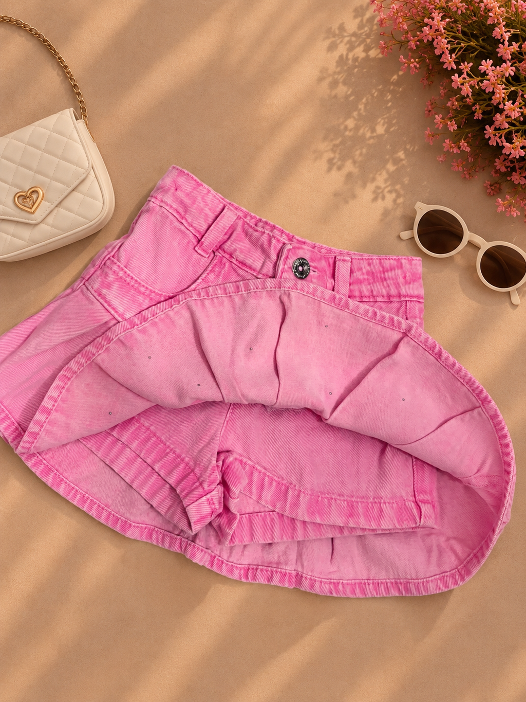 Saia com short -Pérolas Rosa Marmorizado