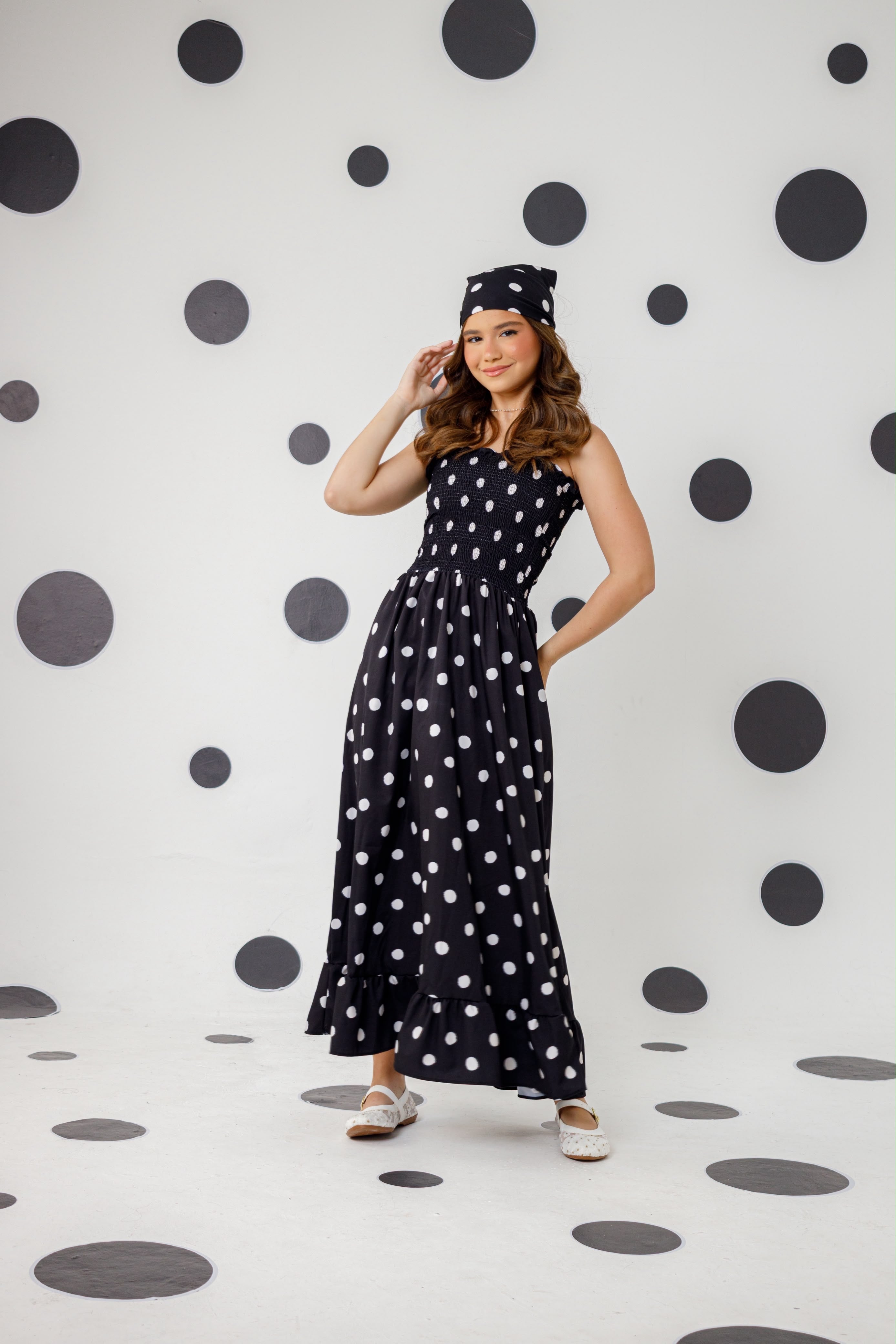 Vestido Ana - com alça e  com bandana Midi –Preto