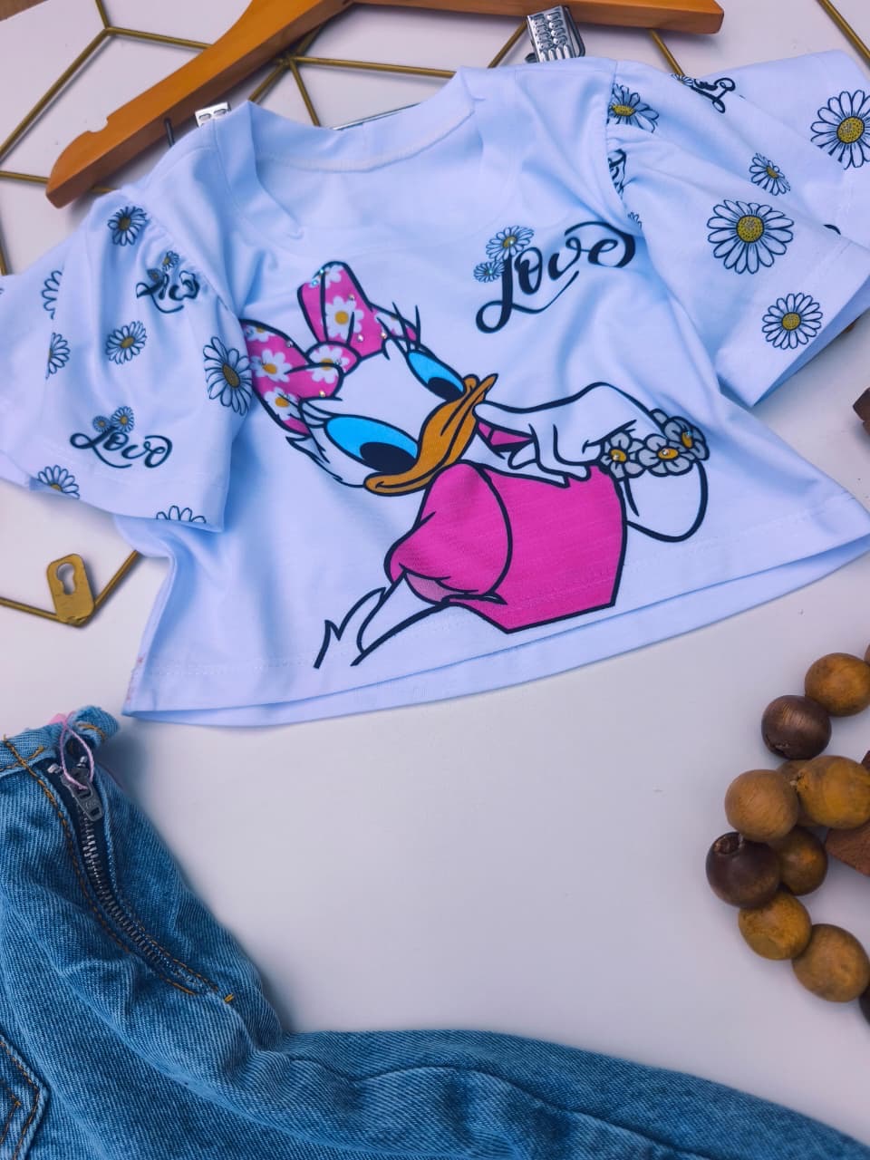 Macacão jeans longo DAISY LOVE bordados