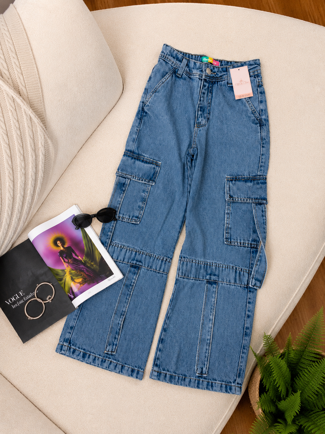 Calça Jeans Wide Leg Cargo