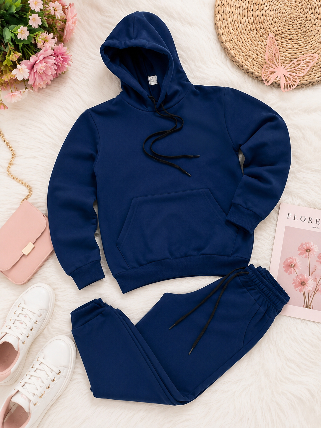Conjunto azul Moletom - com elástico regulável na cintura Flanelado-