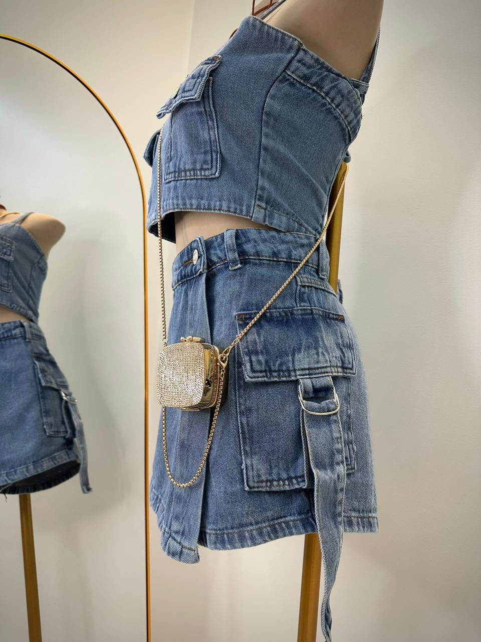 Conjunto Jeans Short-Saia com Fivela | Cód. 008