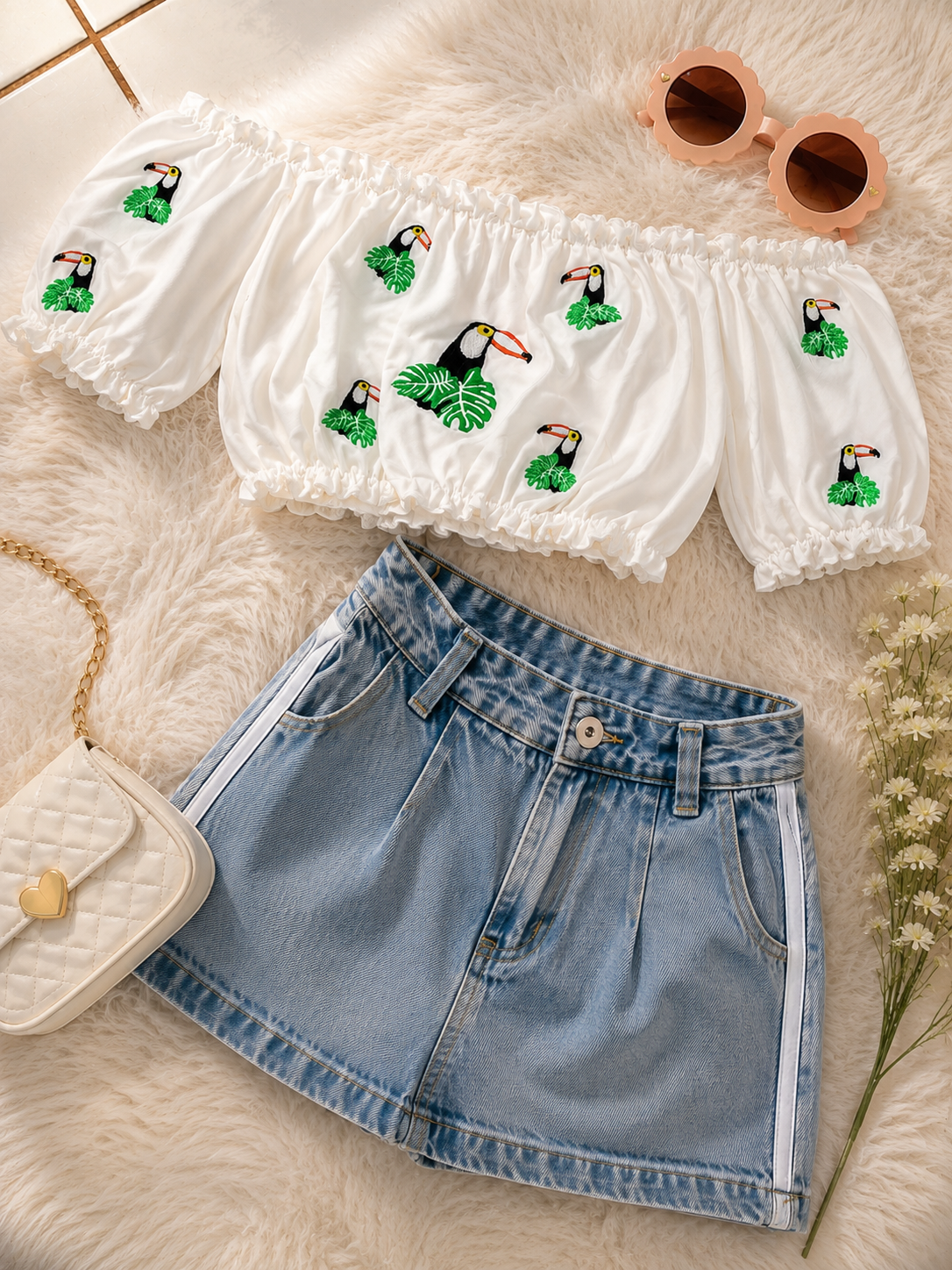 Conjunto - Short saia jeans com regulagem na cintura + Croped bordado