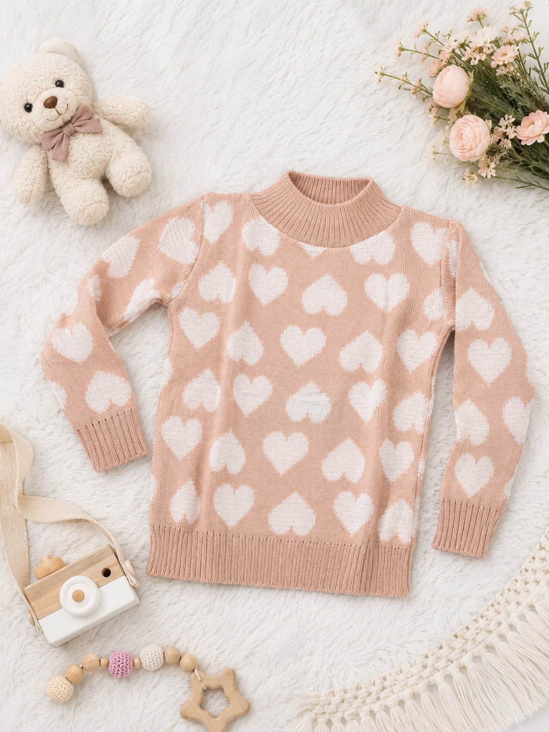 Suéter infantil-Rosa Blush -🌸 Rosa nude claro com corações off-white (branco levemente creme).