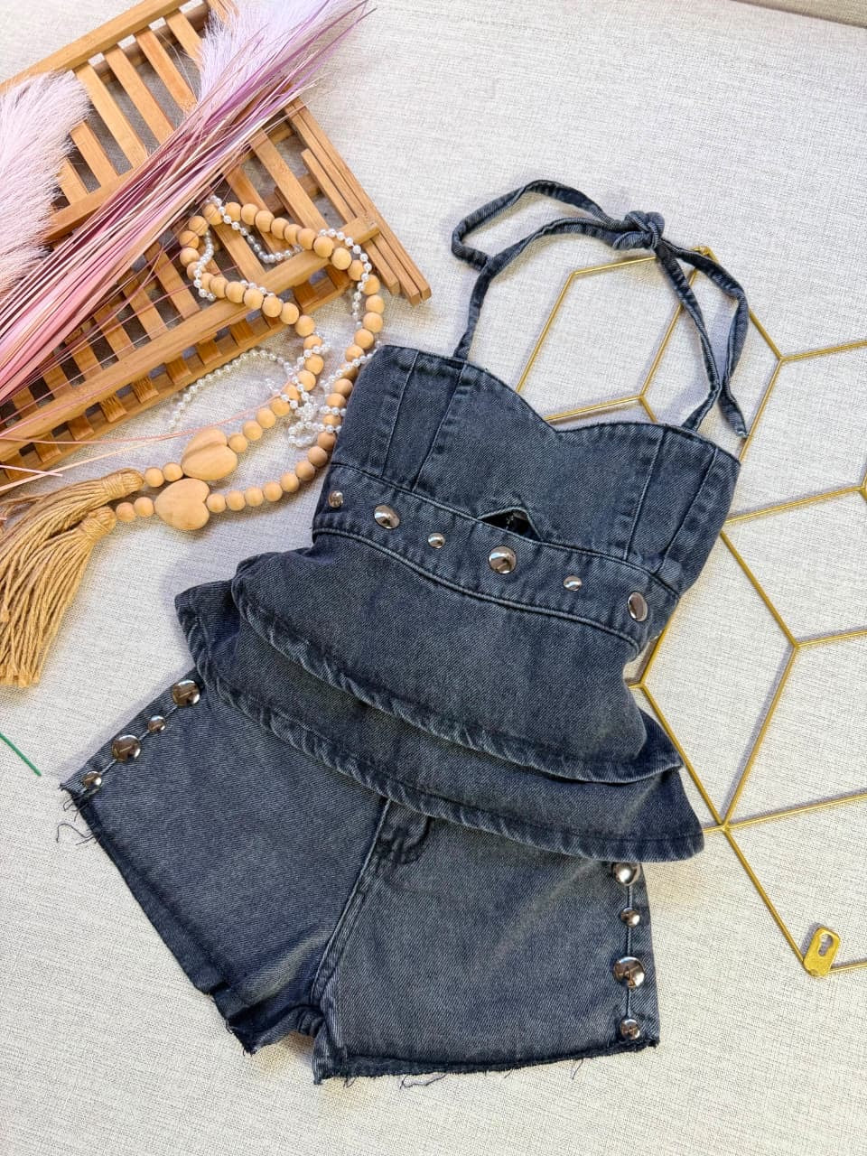 Conjunto jeans black- Short + Blusa