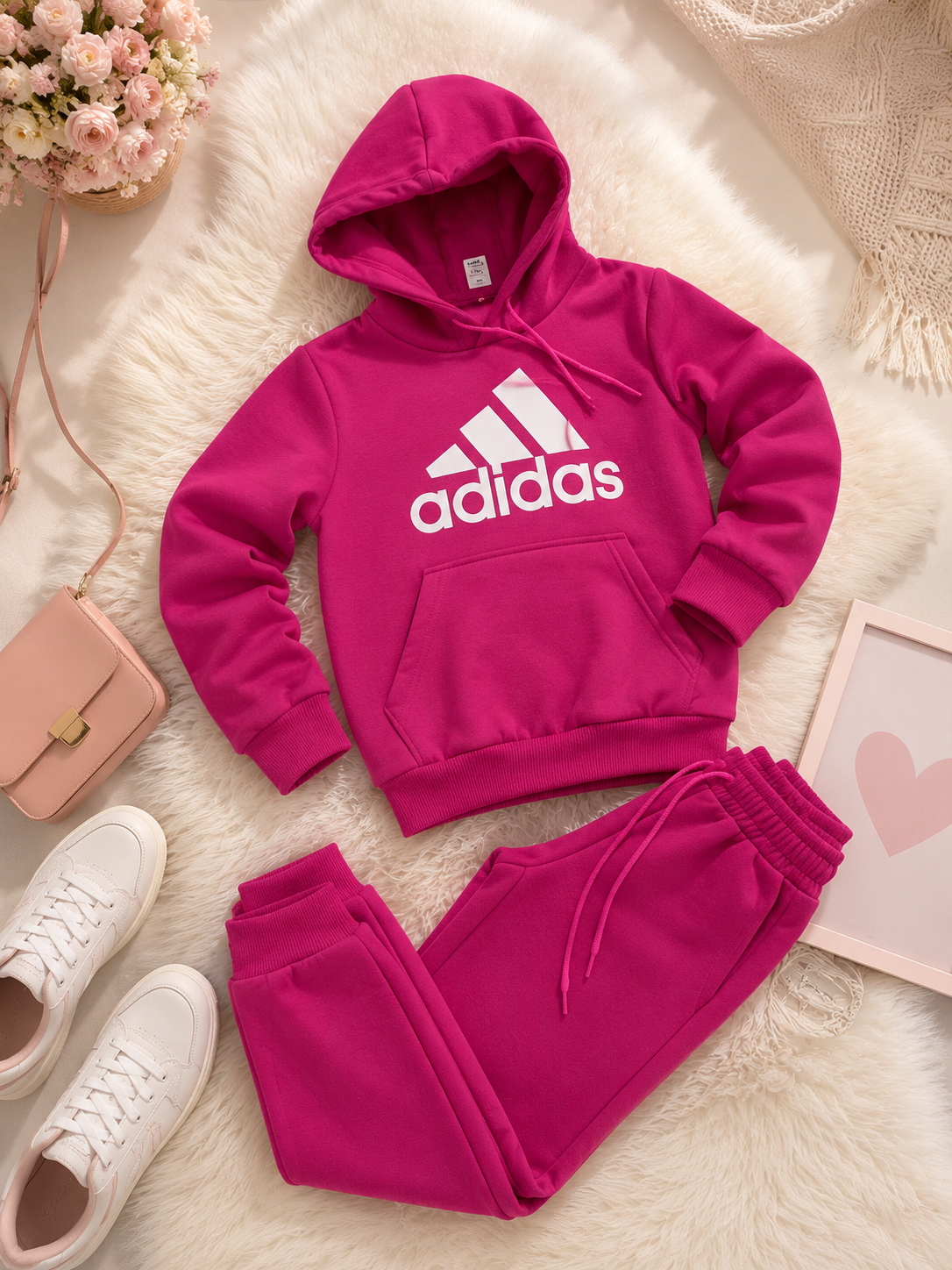 Conjunto Moletom adidas - com elástico regulável na cintura Flanelado- (Pink)