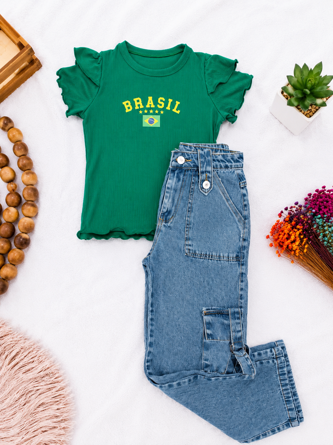 Conjunto Brasil , calça jeans e T-shirt