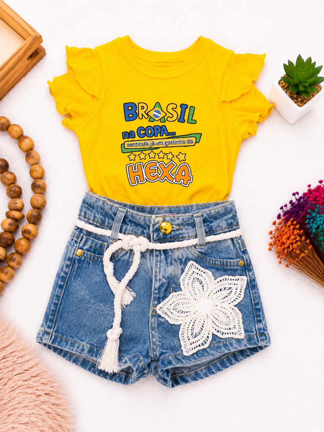 Conjunto jeans - short jeans + blusa Brasil