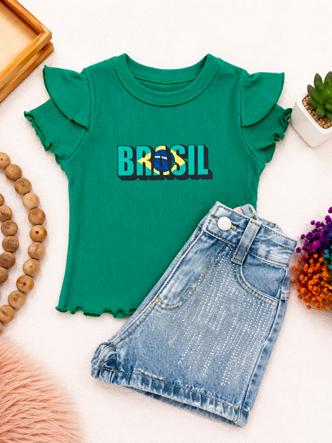 Conjunto Brasil , short jeans + T-shirt (verde )