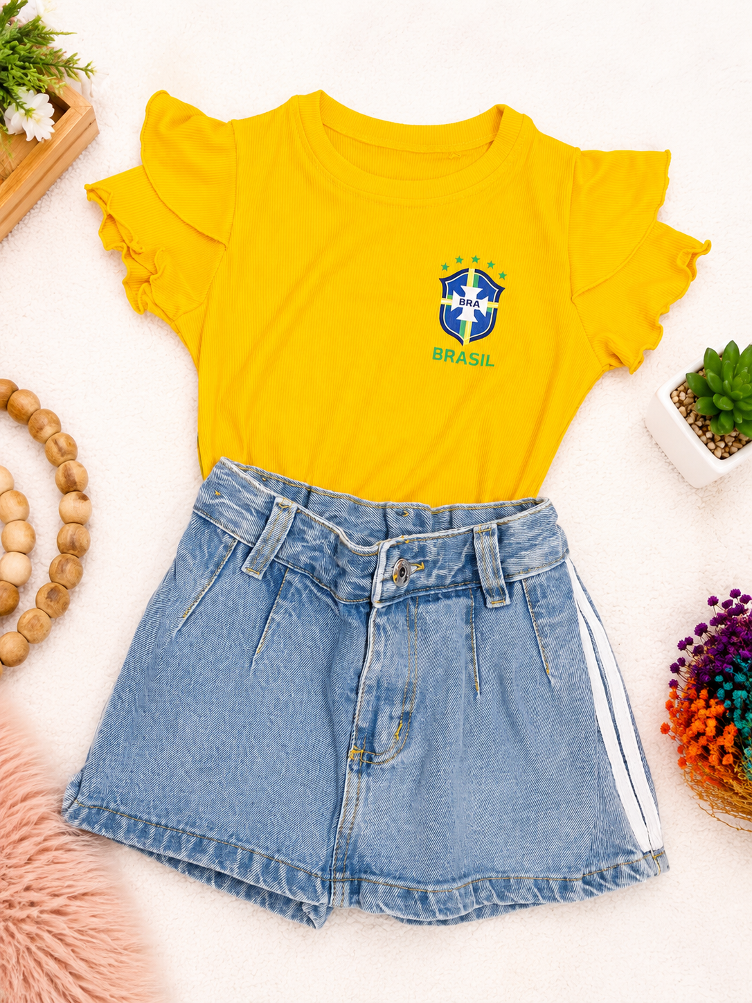 Short Saia jeans com blusa Brasil