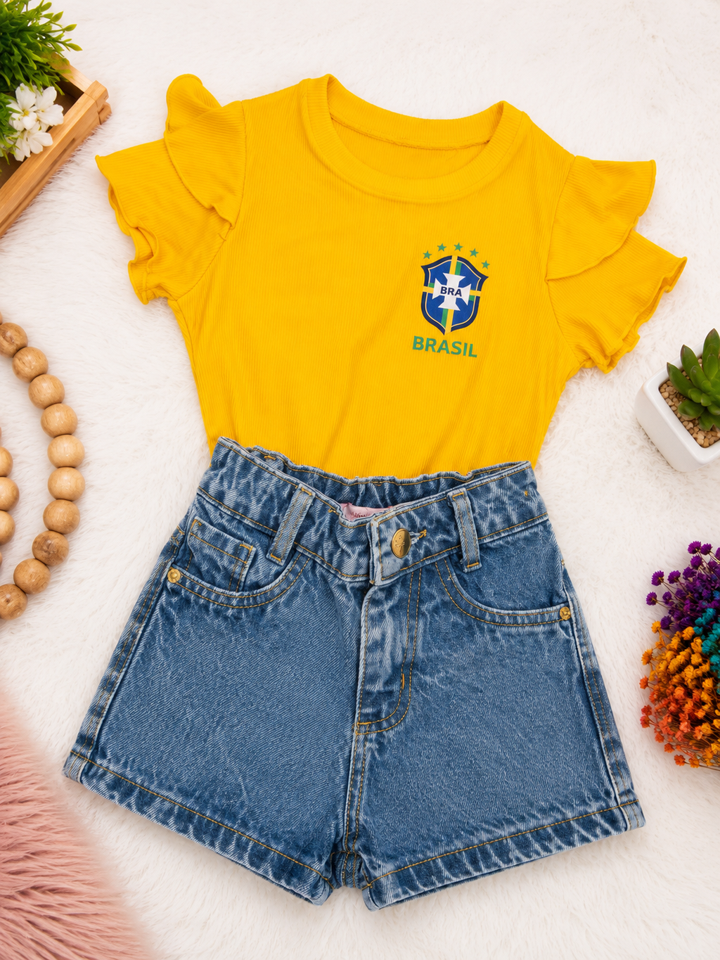 Conjunto Brasil - short jeans e blusa