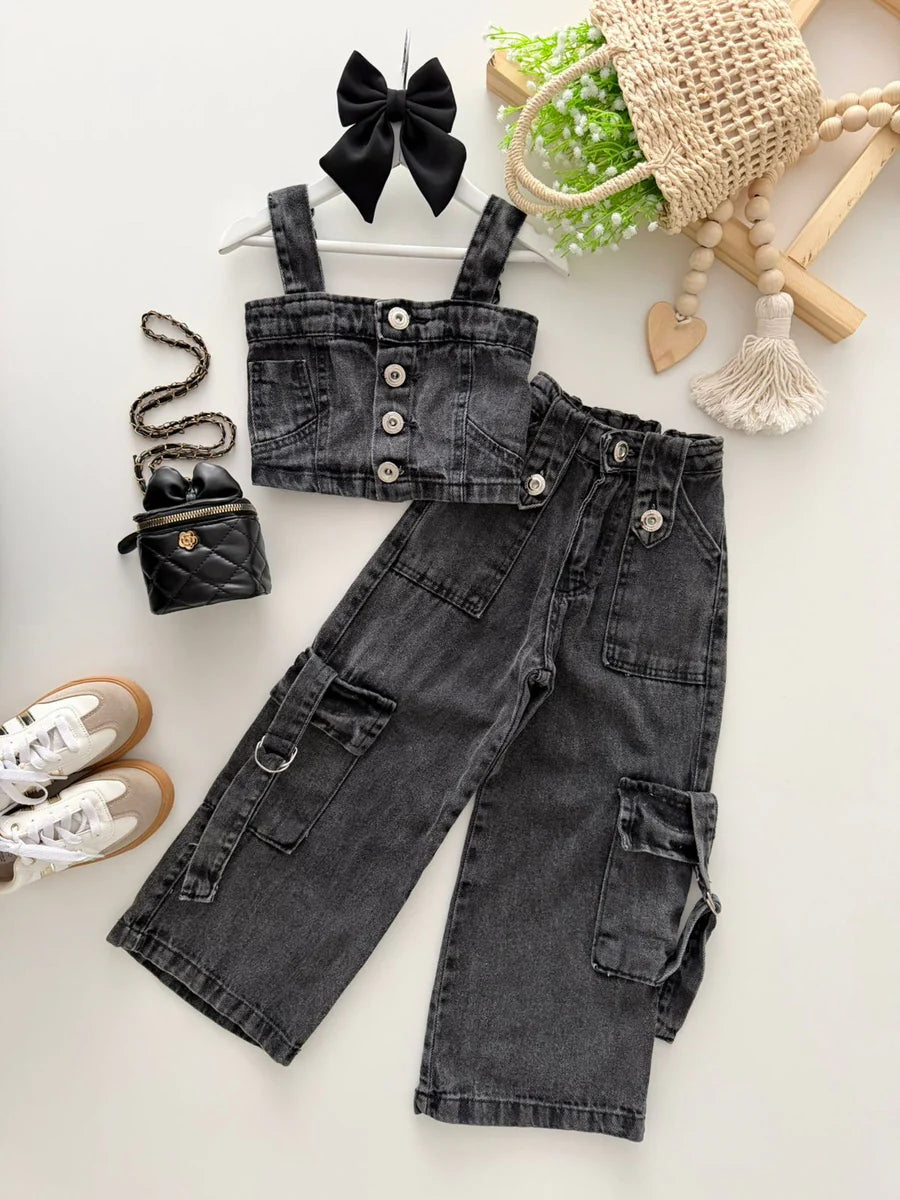 CONJUNTO CARGO -regulagem na cintura -BLACK PRETO MARMORIZADO)