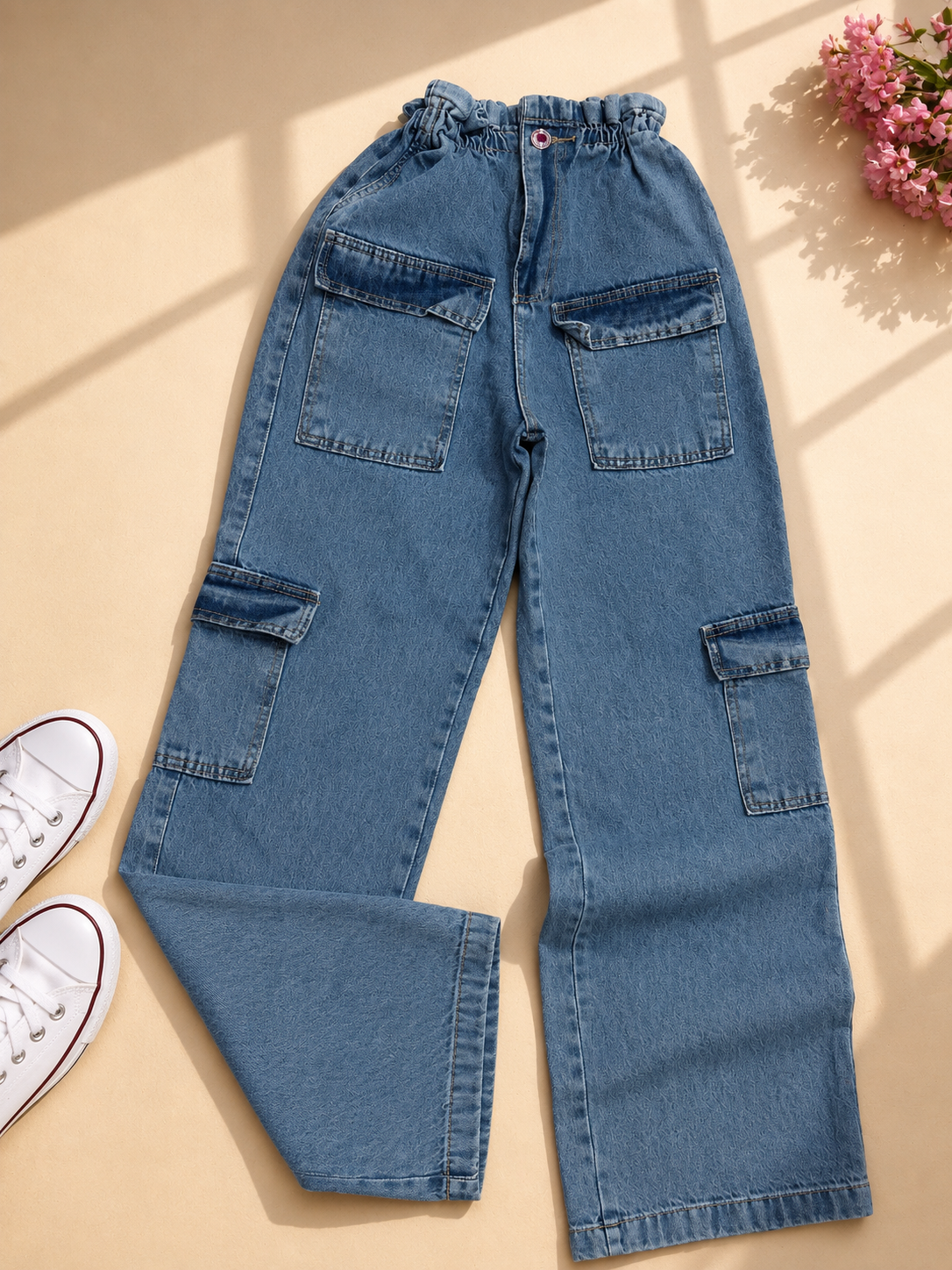 Calça Jeans Cargo Wide Leg com elástico