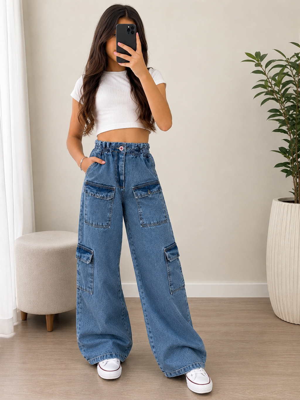 Calça Jeans Cargo Wide Leg com elástico