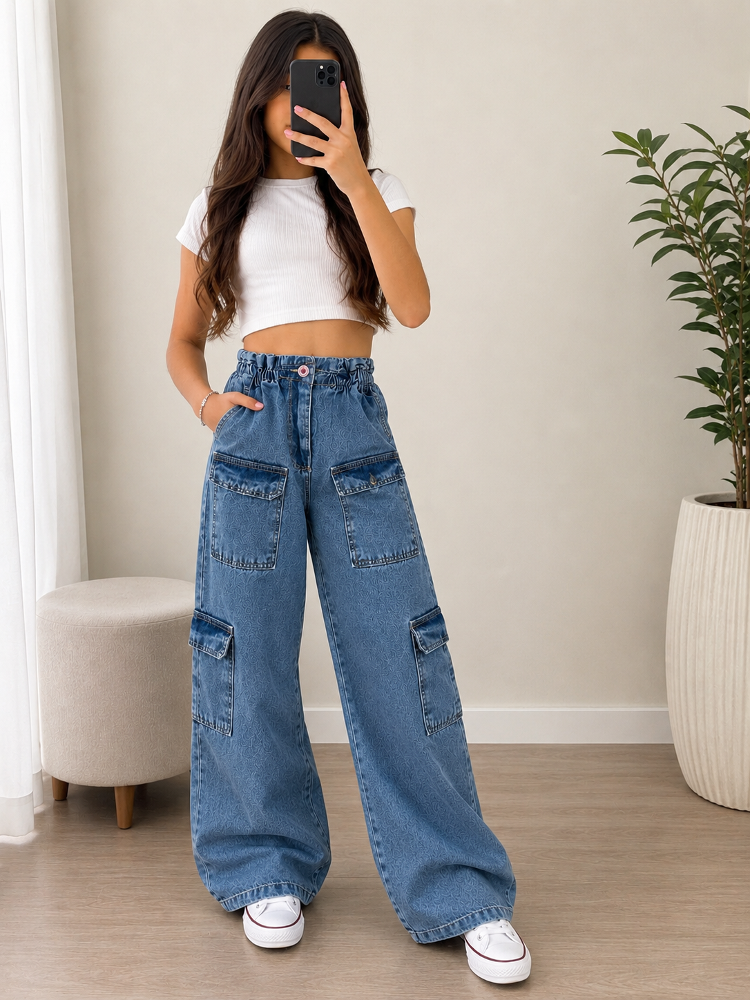 Calça Jeans Cargo Wide Leg com elástico
