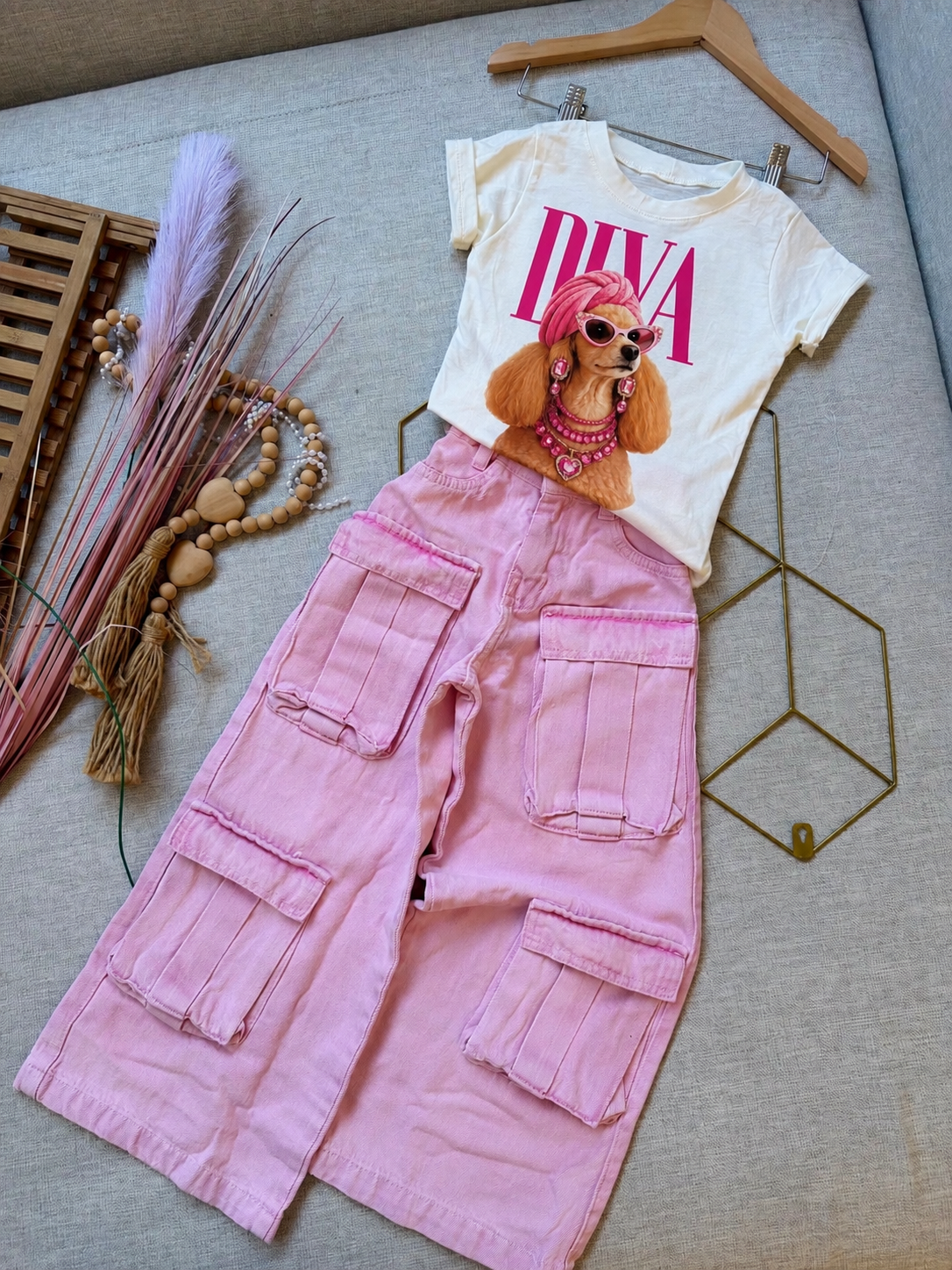 Calça jeans cargo rosa