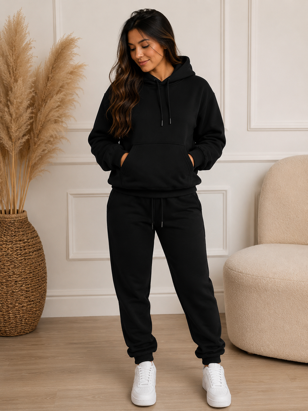 Conjunto preto Moletom Juvenil -com elástico regulável na cintura Flanelado-