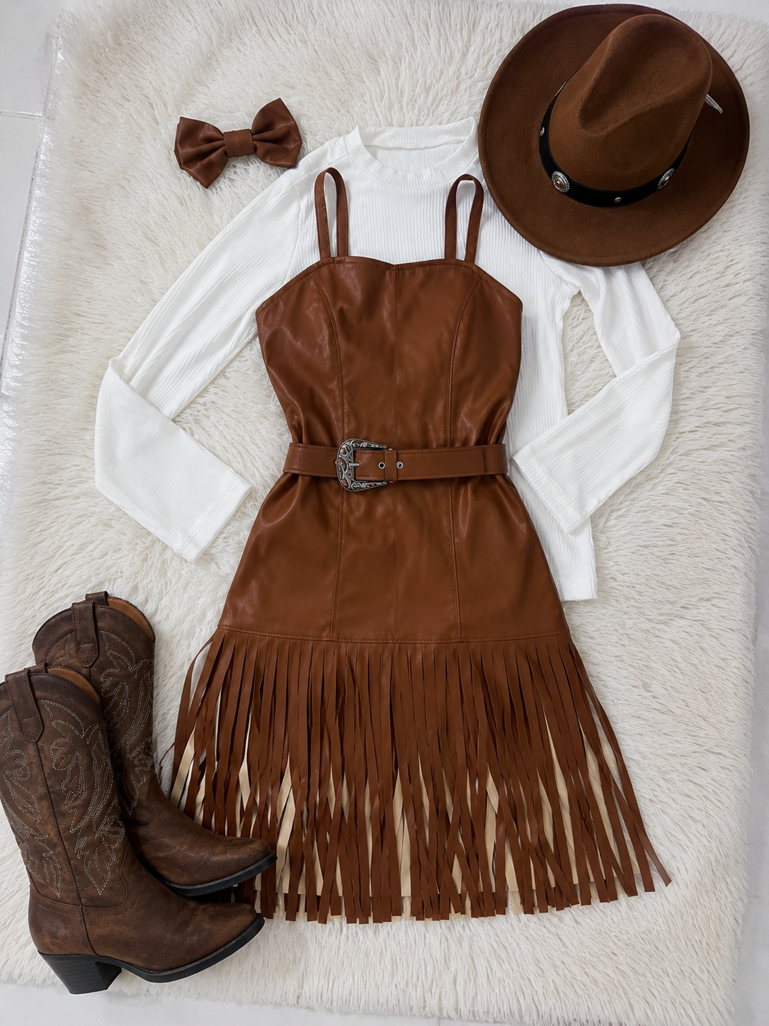 Vestido Country Courino com Blusa Canelada + Cinto + Laço