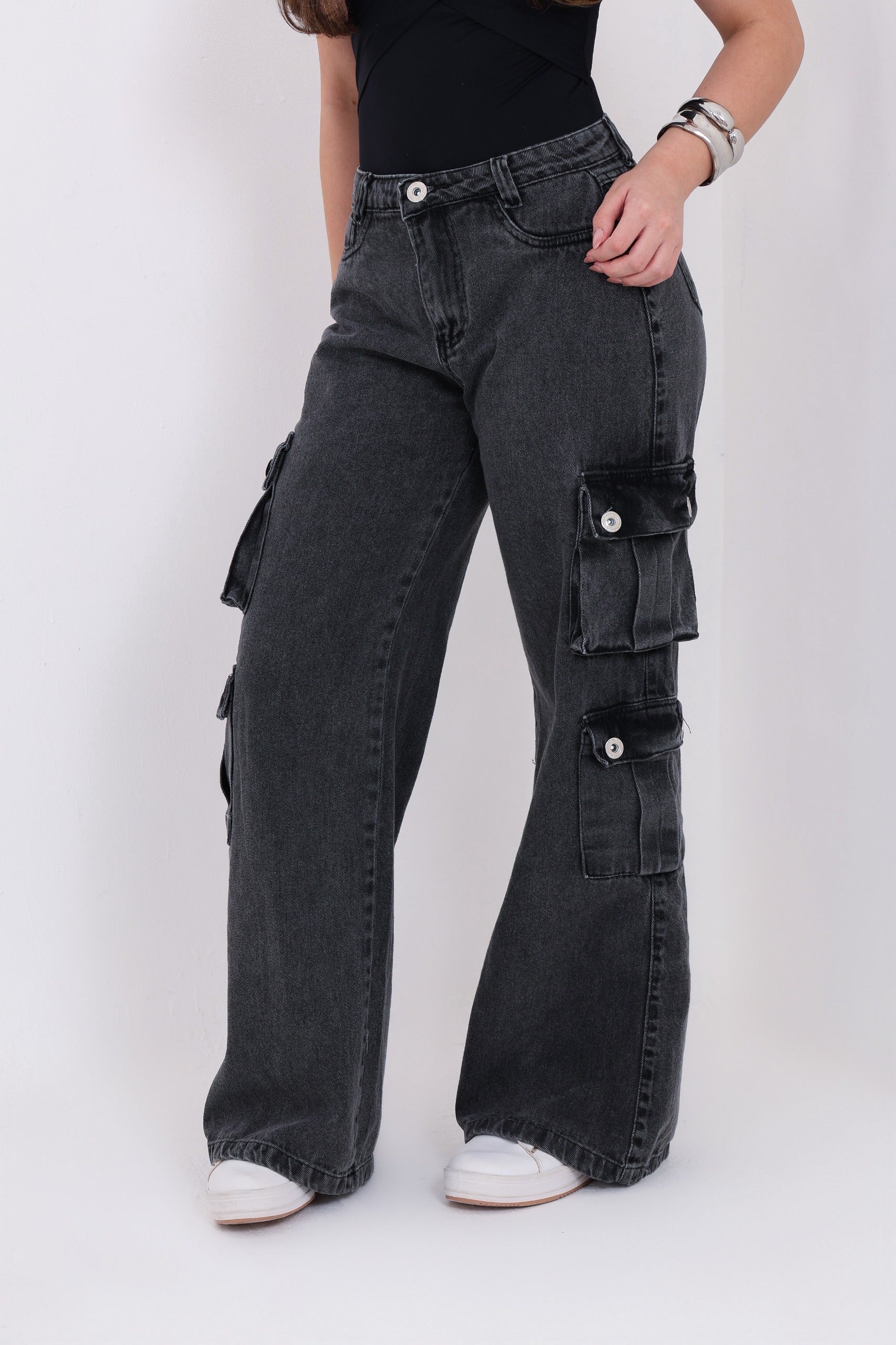 CALÇA JEANS WIDLEG CARGO BLACK-  - Ref: 065