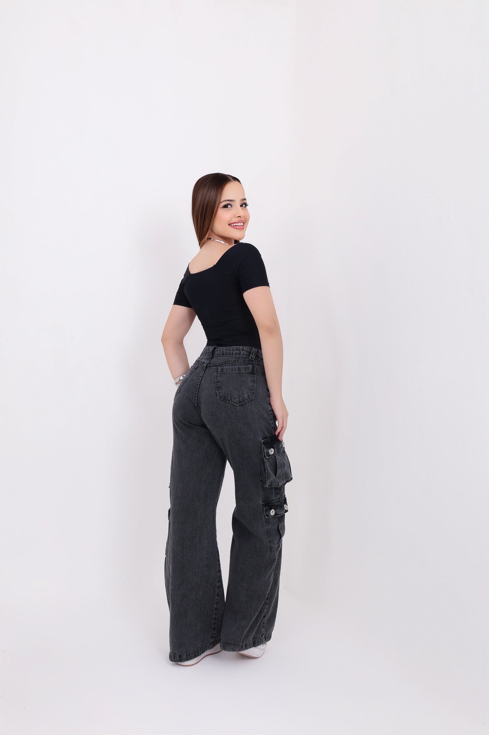 CALÇA JEANS WIDLEG CARGO BLACK-  - Ref: 065