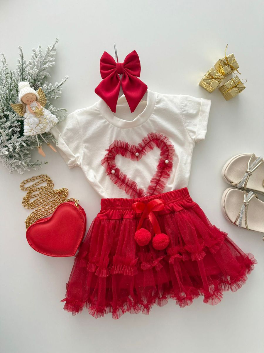 CONJUNTO TULE CORAÇÃO VERMELHO